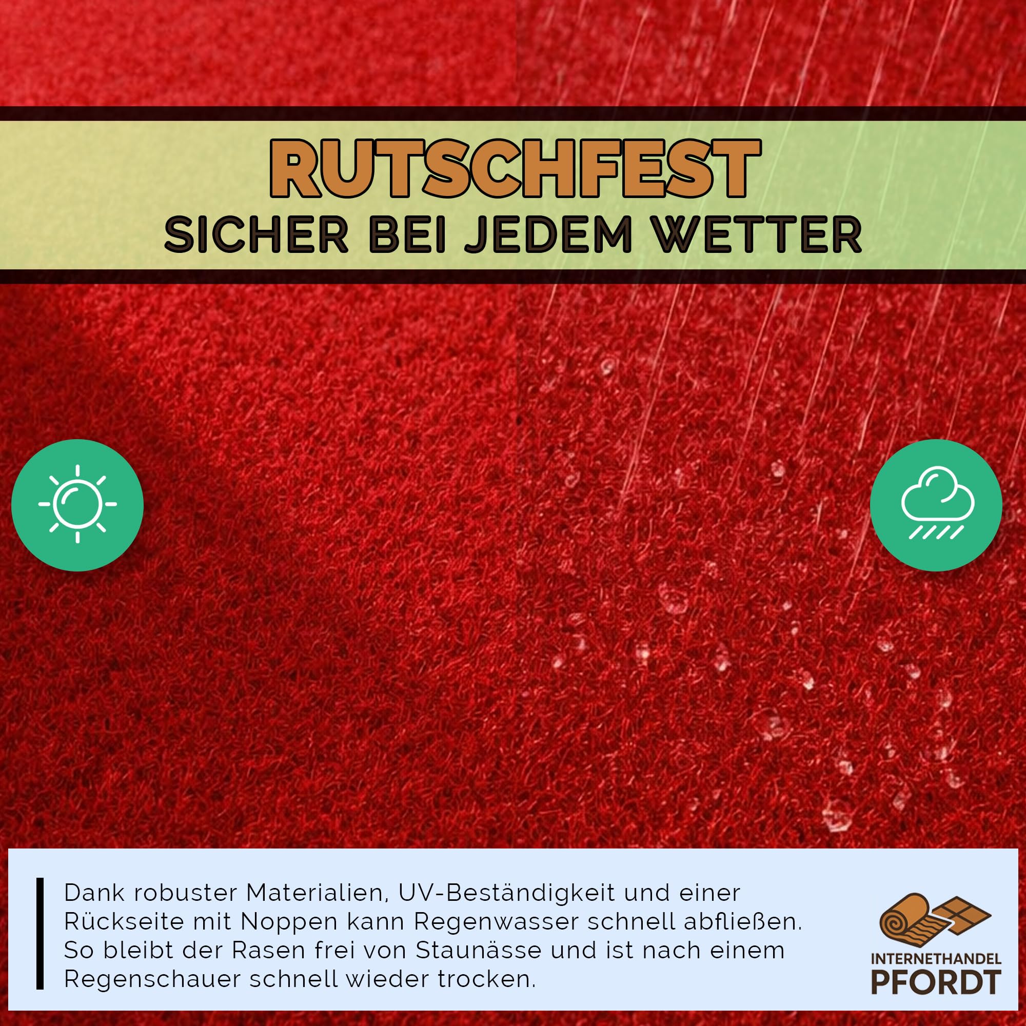 Kunstrasen 100x400 cm Rot, Rasenteppich mit Noppen, Outdoor Teppich wetterfest und pflegeleicht für Balkon, Terrasse und Garten