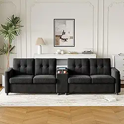 GarveeHome Sofá secional compacto, sofá de 4 lugares de 115 polegadas com console de armazenamento, estação de carregamento e suportes de copos, sofá de assento profundo estofado de veludo para