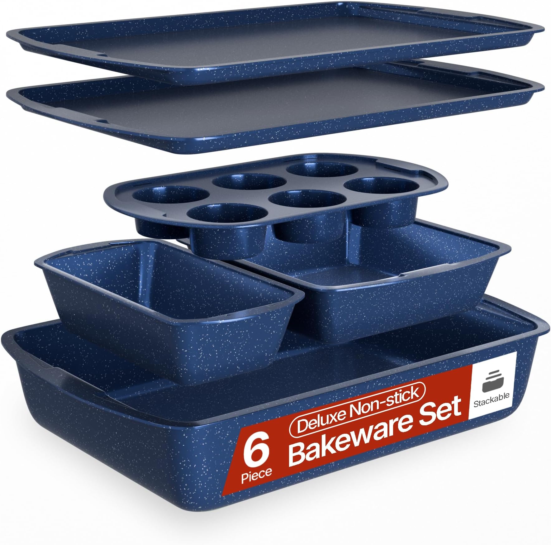 BAKKEN Kitchen Baking Pan Set - Nonstick Blue Marble Coating, Commercial Grade Carbon Steel Bakeware Sets, Baking Kitchen Essentials, PFOA, PFOS, PTFE Free, Oven Safe Tray (Up To 450° F), Set of 6