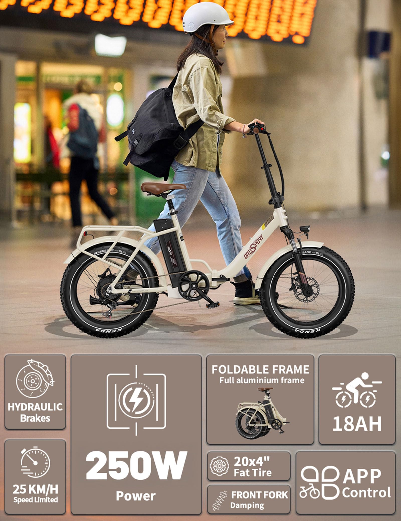 OneSport OT16 Max Vélo Électrique Pliant, 20 x 4" Fat Tire E Bike avec 48V 18AH Batterie Amovible Jusqu'à 120km & 250W Moteur, 7 Vitesses & Freins Hydrauliques, Bluetooth APP, Urban VTT Electrique