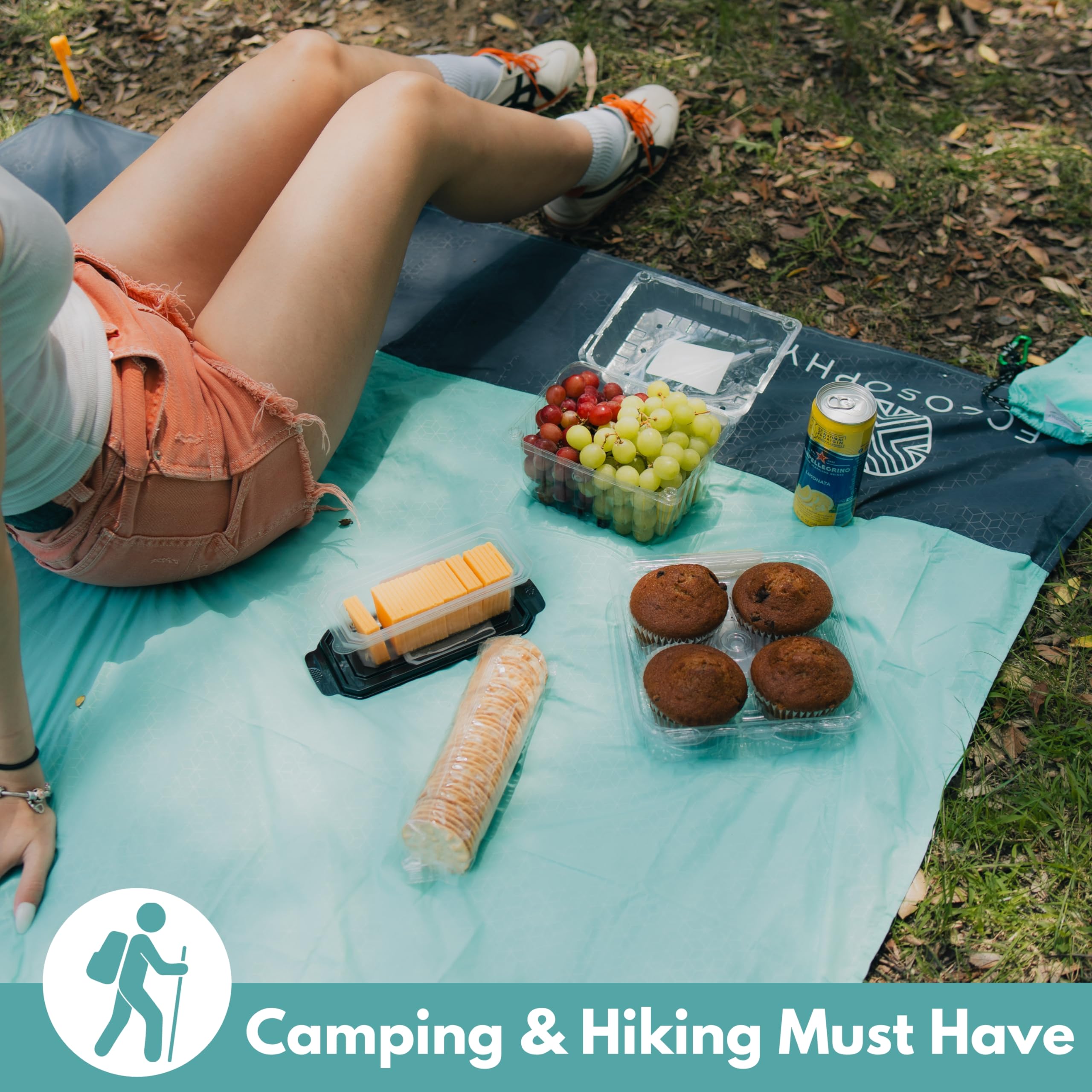 ECCOSOPHY Sand Proof Beach Blanket - Waterproof Picnic Blanket 60x55-Outdoor Compact Pocket Blanket-Lightweight Ground Cover For Hiking, Camping, Festivals, Sports, Travel-with Bag & Stakes (Denim