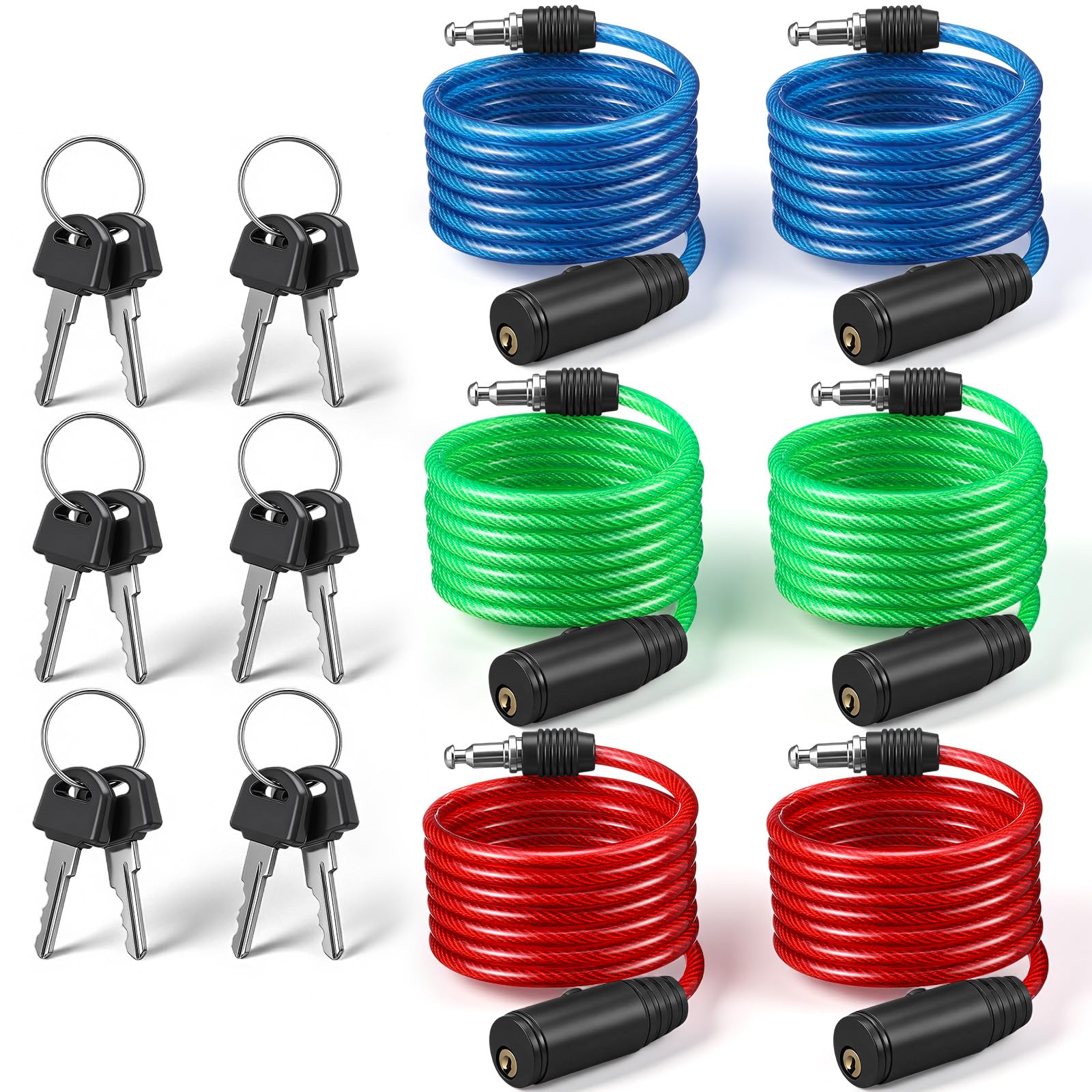 Moxweyeni Confezione da 6 cavi antifurto con chiavi, 1,8 m x 6 mm, in acciaio, per bicicletta, moto, scooter, cancello, recinzione, cassetta degli attrezzi, 3 colori