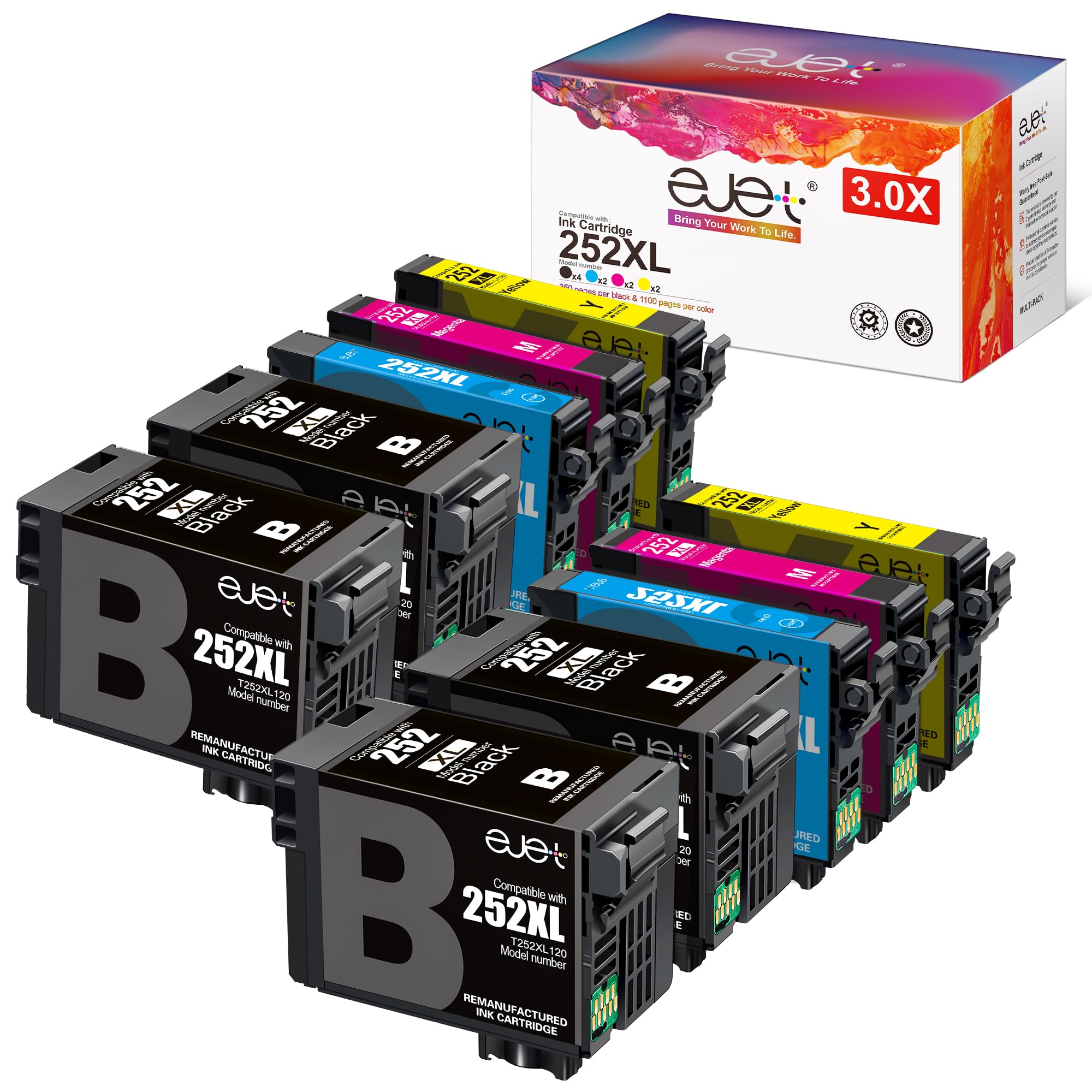 ejet 252XL Ink Cartridges Combo Pack 10 Pack Remanufactured for EPSON 252 Ink Cartridges for Epson Printer Workforce WF-7110 WF-7720 WF-7710 WF-3620 WF-3640(4 Large Black, 2 Cyan, 2 Magenta, 2 Yellow)
