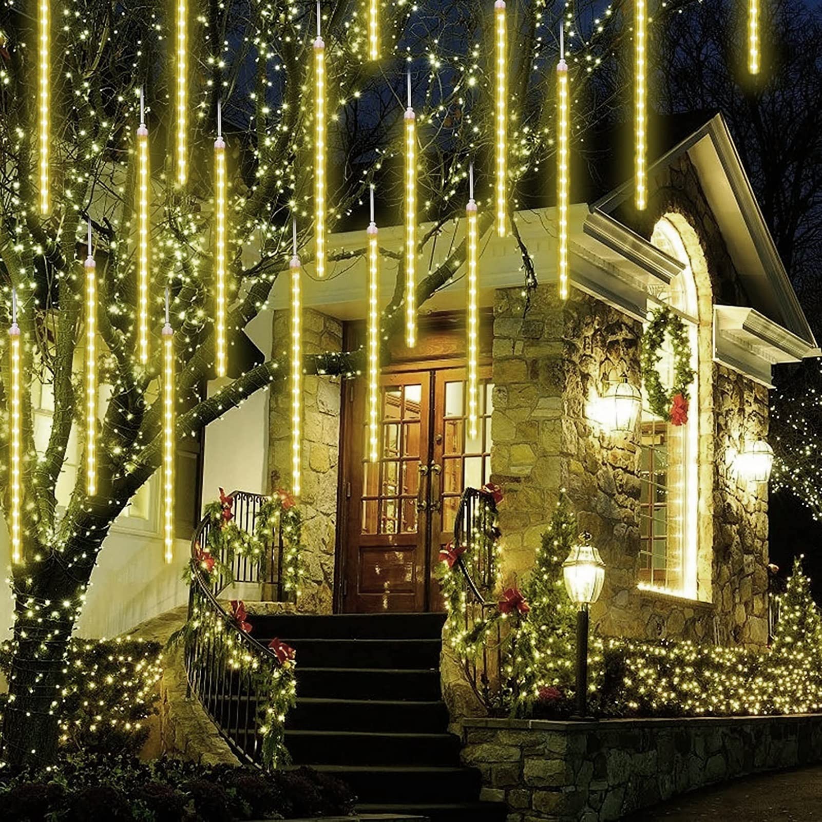 SCOZIA Lluvia de meteoritos LED Luces de Lluvia 80 cm 8 Tubos 576 LED Luces de jardín en Cascada Luces de carámbano de meteorito al Aire Libre para decoración de jardín, Fiesta de Bodas, Blanc