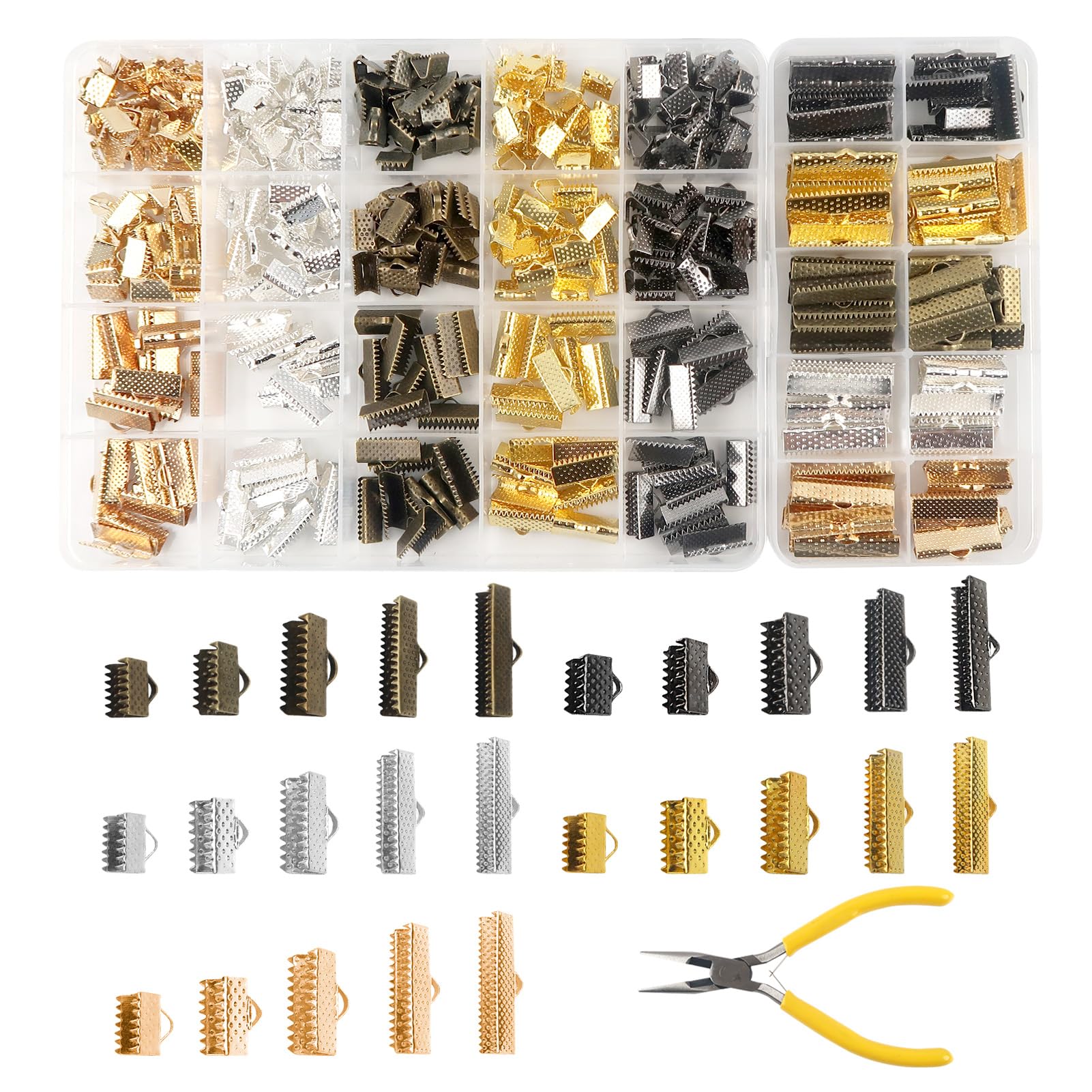 TOAOB 440pcs Iron Ribbon Ends 8mm to 25mm Bracelet Bookmark Pinch Crimp Clamp 5 Colors Cord End Fastener Clasps with Pliers for Leather Jewelry Making