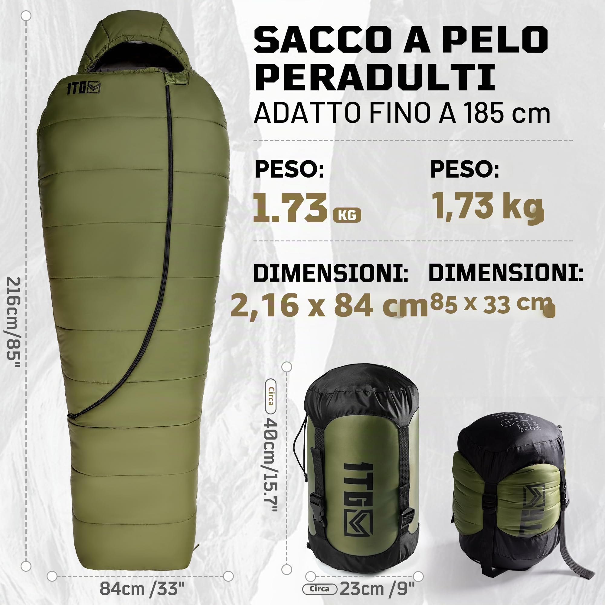 Sacco a Pelo Mummia Adulti 3-4 Stagioni 0-10°C | Leggero e Compatto (1,76 kg) | Impermeabile, fino a 185 cm | Campeggio, trekking e alpinismo