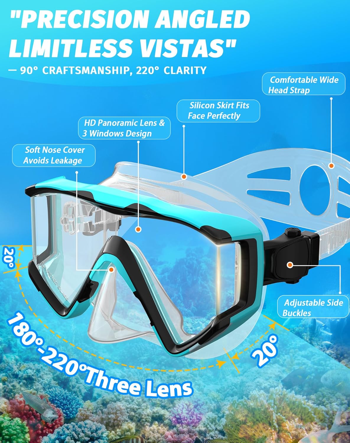 Greatever Snorkel Set Pano 3 Window Snorkel Mask Adult, Panoramic Wide View, Anti-Fog Scuba Diving Mask, Anti-Leak Snorkel Goggles Dry Top Snorkel, Professional Snorkeling Gear for Adults Green