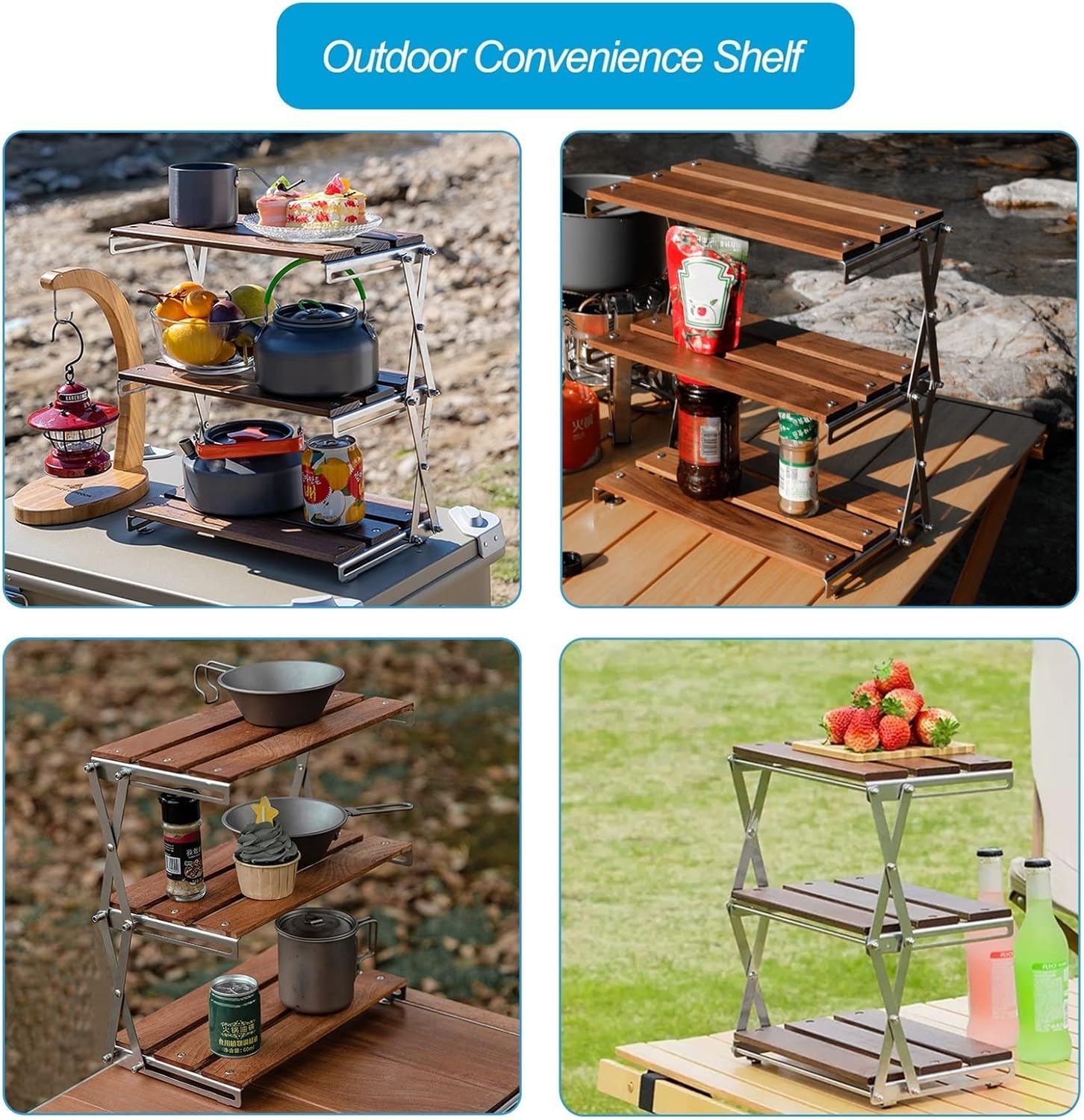 Seadra Crobat Mini Wood Shelf,Outdoor Camping Picnic Barbecue Three-Layer Storage Rack, Protable Folding, Multifunctional Picnic Home Storage Rack for Camping Outdoor/Indoor use 4