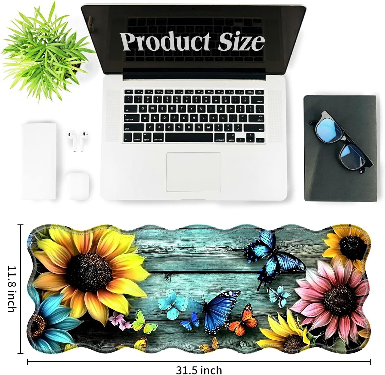Colorful Sunflowers Butterflies Desk Mat Large Mouse Pad 31.5"x11.8" Desk Rubber Base Mousepad with Stitched Edges Big Desk Pad for Work,Game,Office,Home