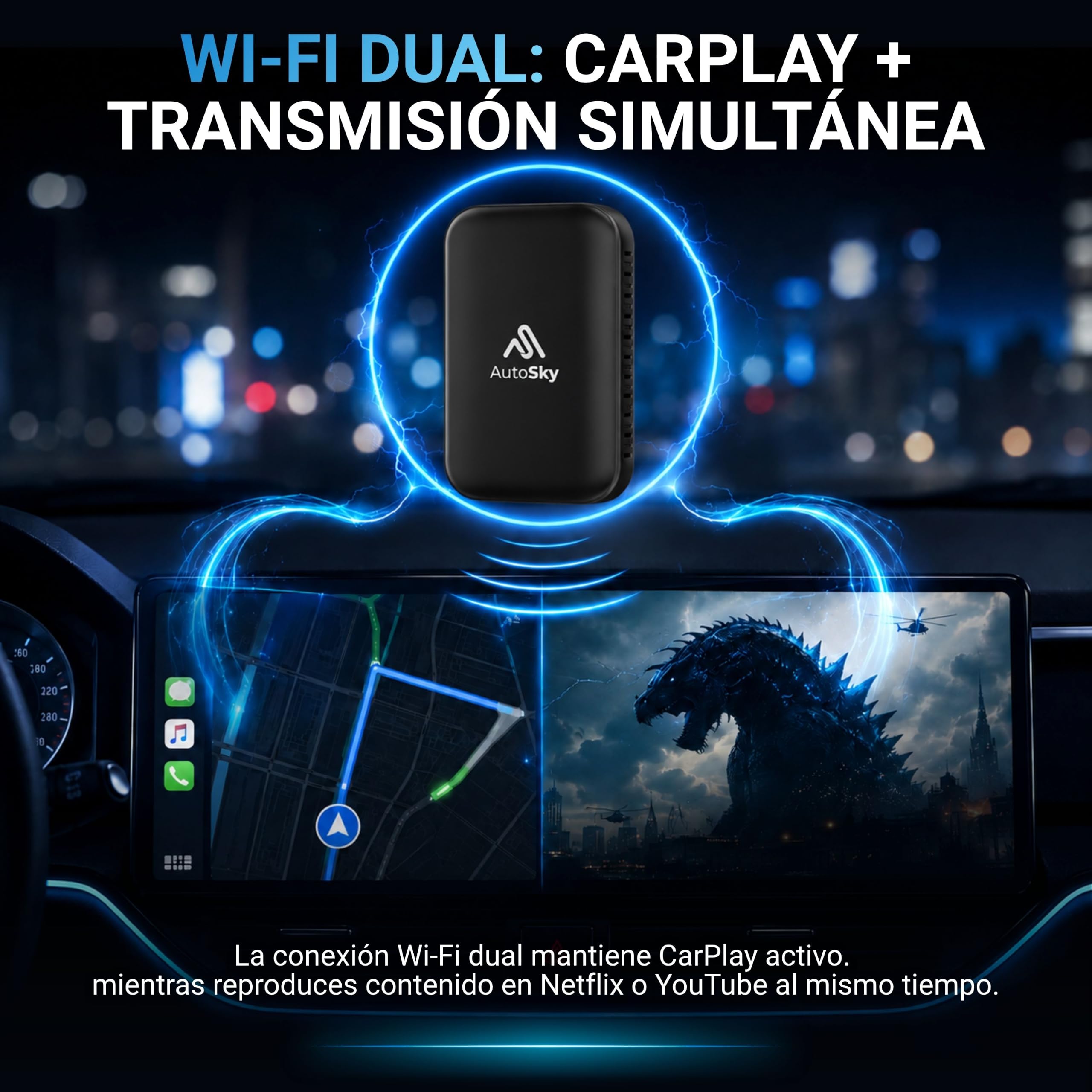 AutoSky CarPlay inalámbrico y Android Auto AI Box Lite Plus 2.0 para Coches CarPlay con Cable de fábrica 2024, Compatible con Netflix y Youtube, Go Wireless CarPlay y Android Auto. Requiere CarPlay