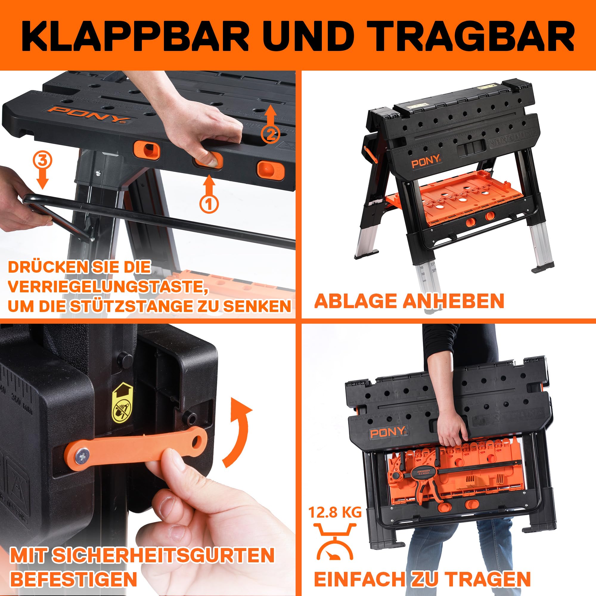 Pony 2 in 1 Werkbank klappbar bis 454kg belastbar, klappbare Sägebock mit ausziehbaren Aluminiumbeinen, Arbeitsbock mit 4 Schraubzwingen 150/300mm & 4 Stöcken, 79 x 63,5 x 89 cm