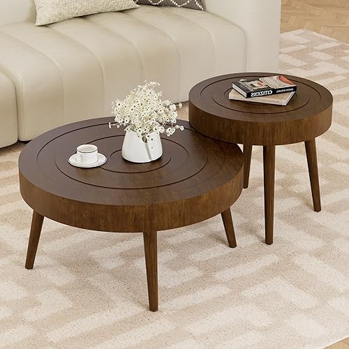 HOMPUS Nesting Coffee Tables w Wood Grain Finish, 2 Pieces Living Room Table Sets w Wood Legs, Round Coffee Table Sets w with Handcrafted Ring Pattern, Modern Accent Coffee Table for Living Room
