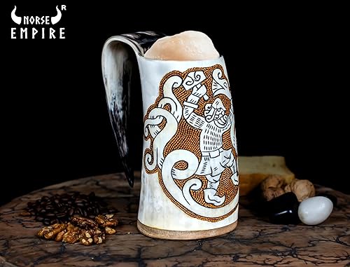 Miniatura 6 de NORSE EMPIRE Taza de cuerno vikingo prémium para cerveza Ale, edición especial, Ragnarok, con detalles, medievales, nórdicos, para vikingos, brillo