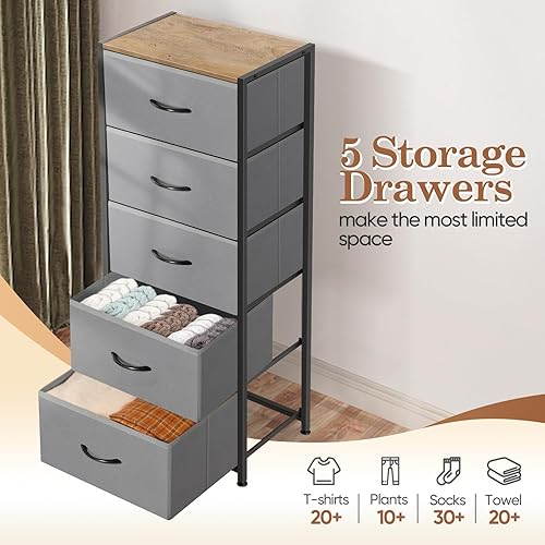 Miniatura 7 de MOOACE Cómoda de 5 cajones para dormitorio, cajones altos de almacenamiento de tela, unidad organizadora de torre con parte superior de madera para