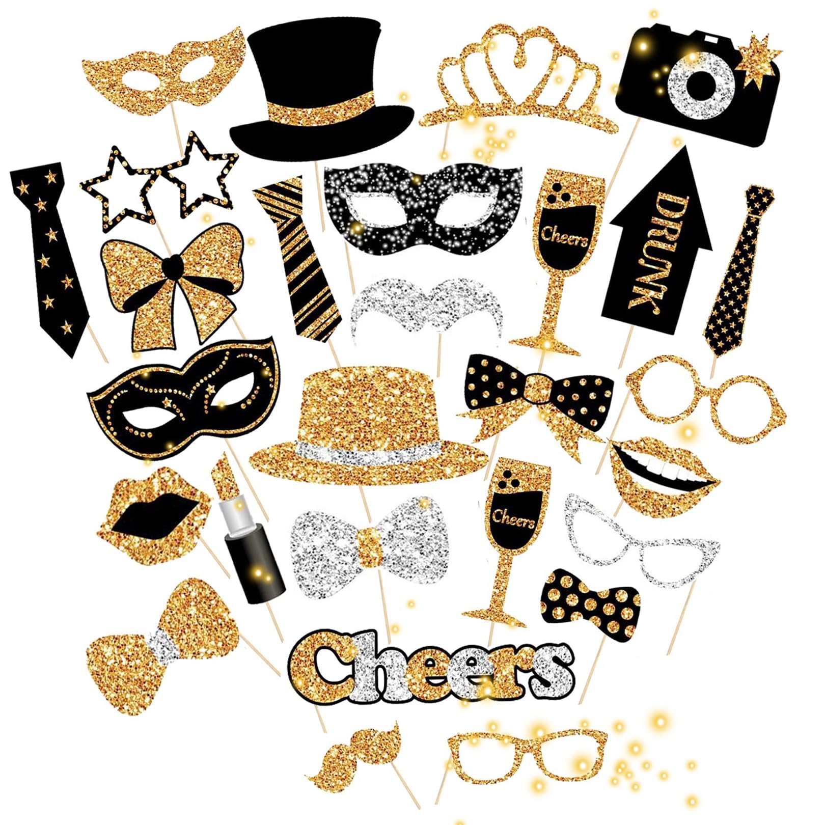 30 Pcs Birthday Party Photo Props,Moustache Lipstick Tie Glasses Party Supplies,PhotoBooth Props Glitter Prom Photobooth Kit,Birthday Photo Booth Accessories For Adult Kid Wedding(Black, Gold)