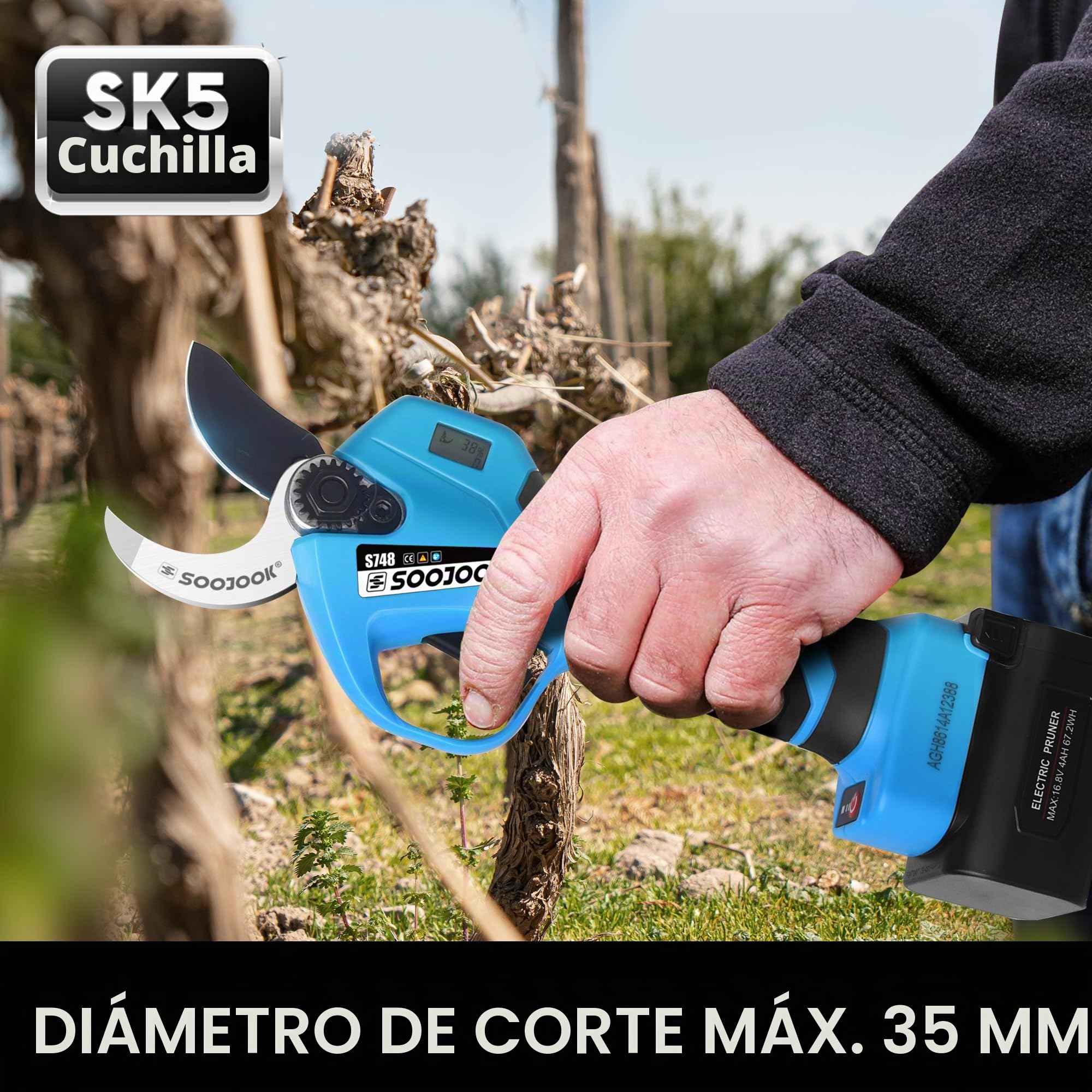 Tijeras de Podar Electricas 35mm - S748 Tijeras de Podar Bateria con Control Progresivo, 2×4000mAH Batería de Litio Tijeras de Podar Profesionales para Olivos, Viñedos y Agricultura