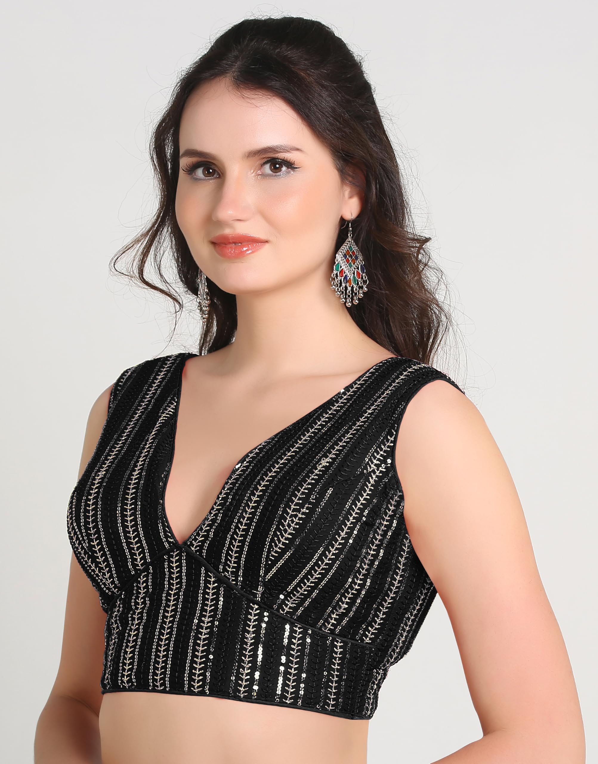 Pujia Mills Women's Indian Ethnic Wear Sabyasachi Sequence With Dhaga Embroidered Zari Work Sweetheart Neck Blouse Sleeveless Readymade Padded Saree Back Open String Pattern Blouse