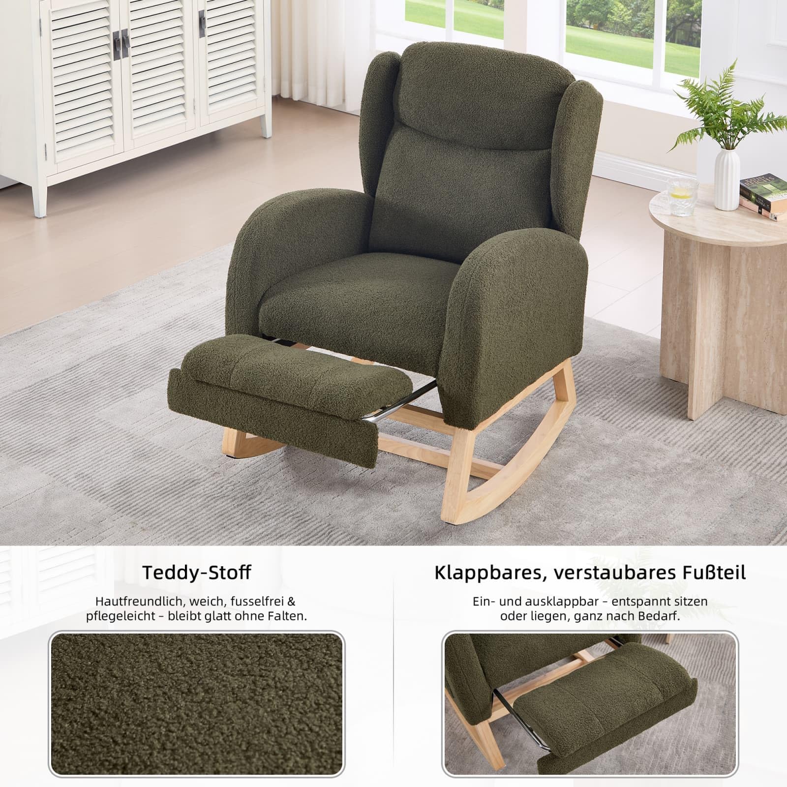 KOMHTOM Fauteuil à Bascule avec Repose-Pieds Escamotable, Rocking Chair avec Structure en Bois, Fauteuil Lounge, Poche de Rangement Latérale (Vert)