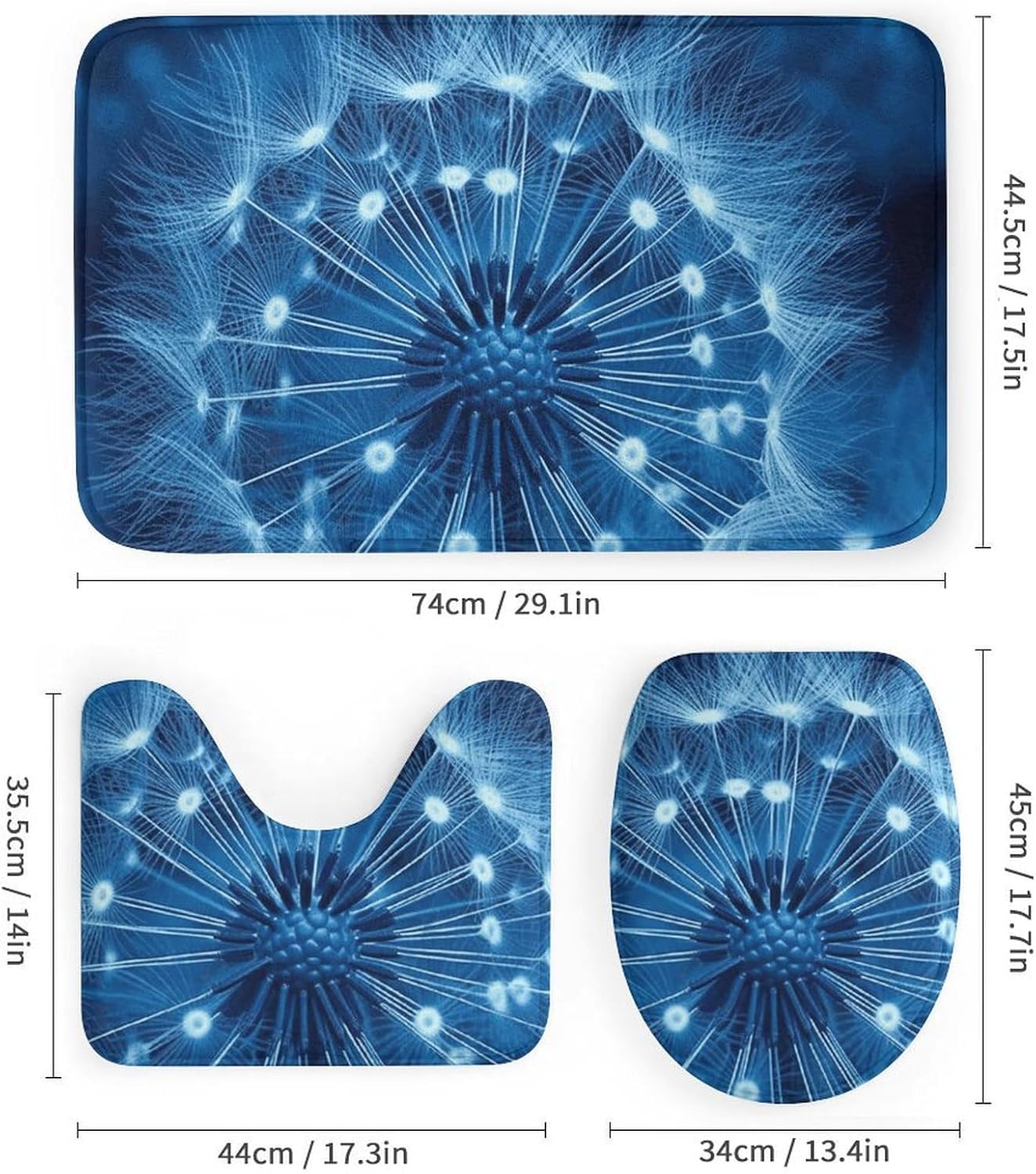 4 Pcs Blue Dandelion Bathroom Set with Bath Mat, Shower Curtain with 12 Hooks, Anti-Slip U Shape and Toilet Lid Cover for Bathroom Decor
