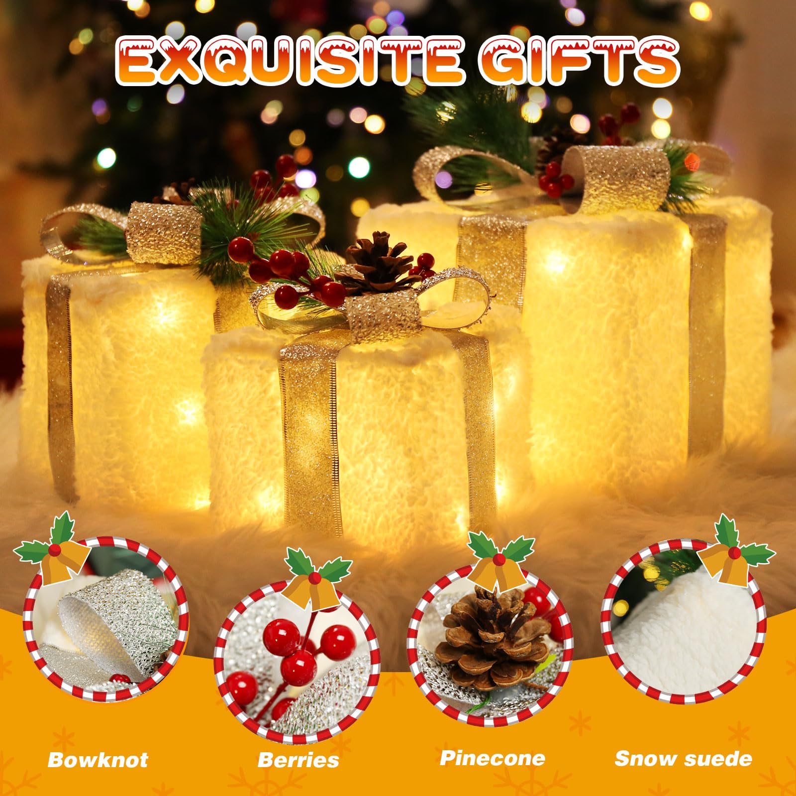 Quntis Boîtes à Cadeaux Lumineuses, 60 LEDs Décoration de Noël，Neige | Lot de 3 Boîtes Lumineuses Décoration Éclairage de Noël Intérieur/Extérieur Déco Lumière