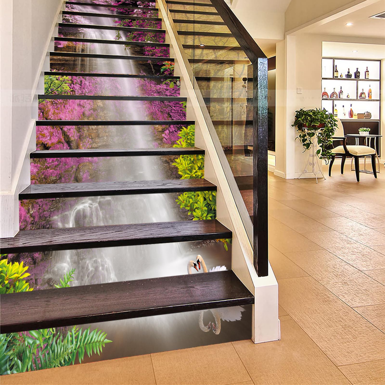 Flfk G1376 13Pcs Stair Risers Stickers Peel And Sick 39.37"X7.08", Vinyl Staircase Stickers Decals, Purple Flowers Waterfall Mural Wallpaper For Stair Steps