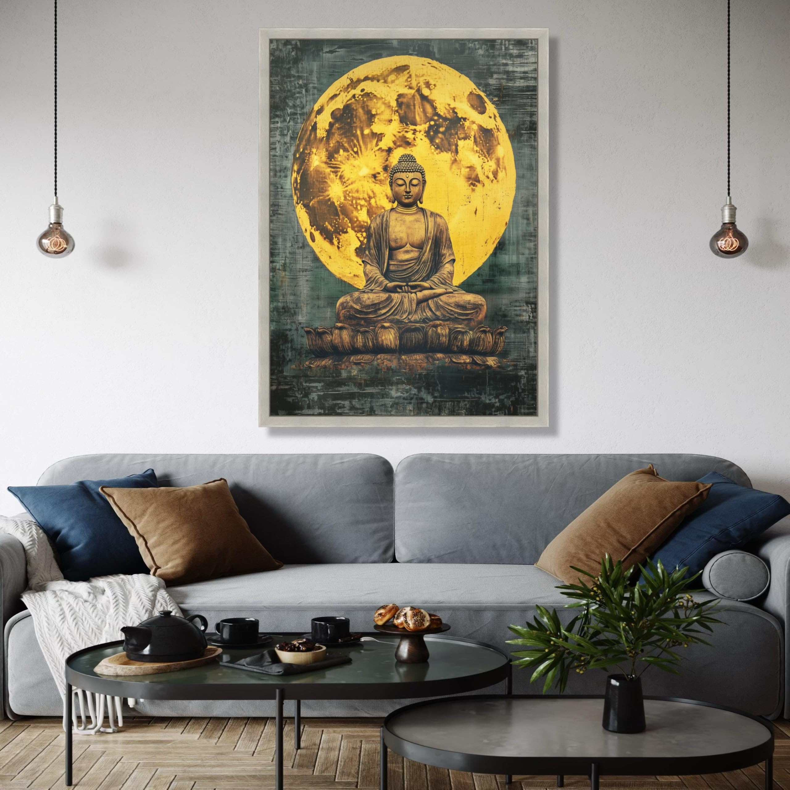 YUSUZHU Stampa su tela raffigurante la statua del Buddha in meditazione, sfondo con luna piena, decorazione zen spirituale, dipinto per sala yoga, stampa per arredamento (50x75 cm/cornice interna)