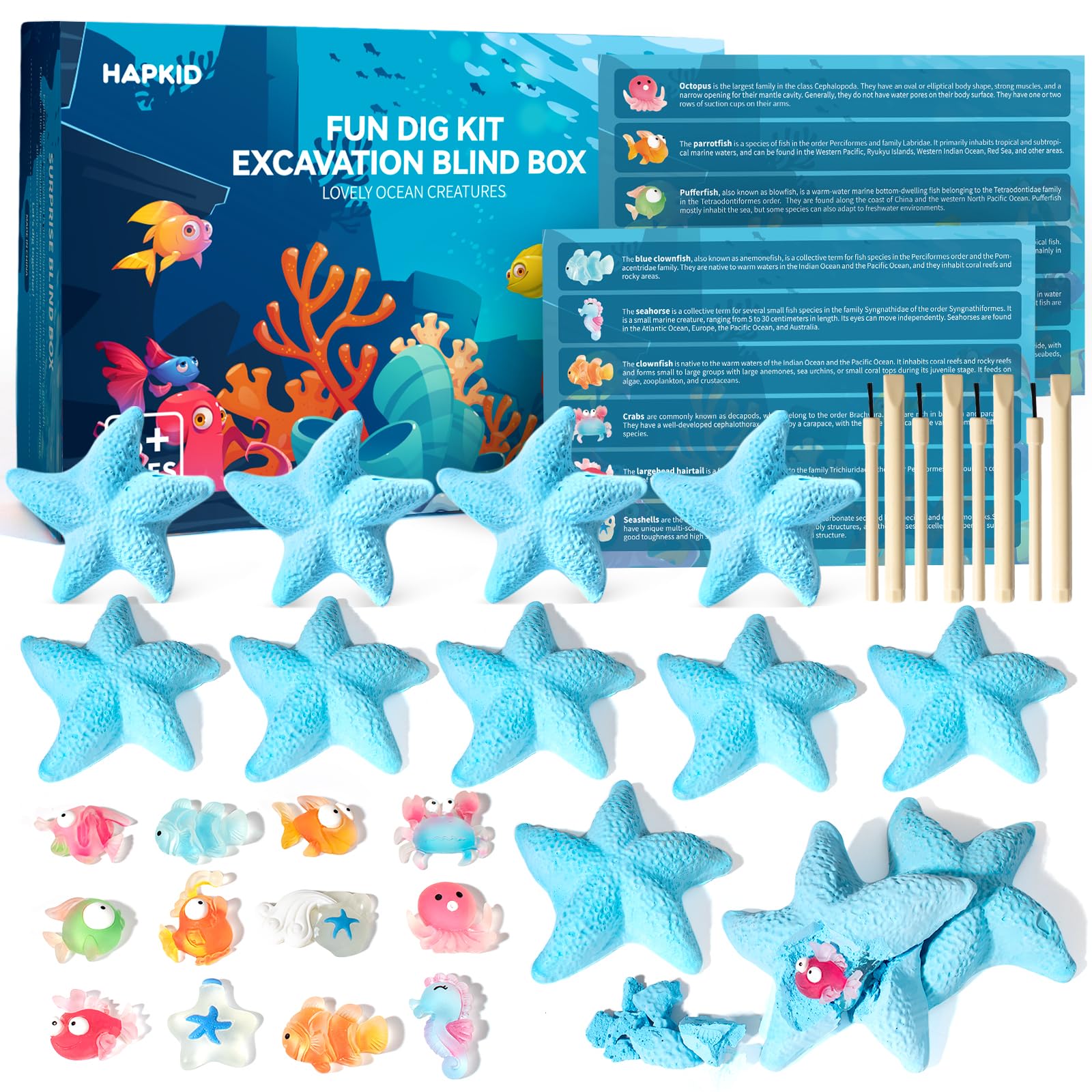 Ocean Creatures Dig Kit, HapKid 12 Starfish Shaped Dig Bricks Excavation Kit, Ocean Dig Set Excavation Science Kit with 24 Sea Animal Toys and Instructions Activity Gift Sets for Kids Age 6-12