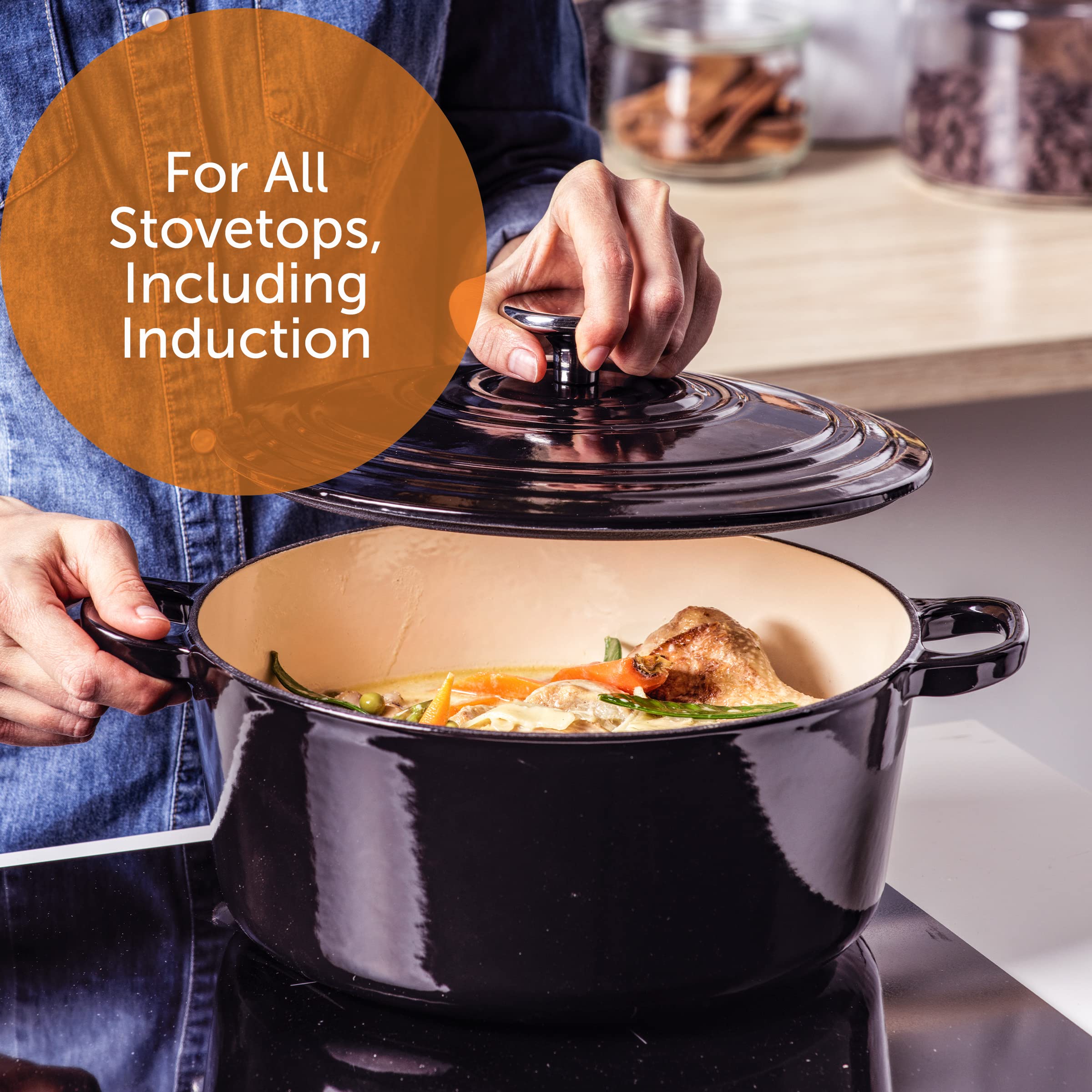 BK Cookware Ghisa Smaltata Tedesca, 24 cm/4,2 litri Casseruola avec Couvercle, Forno Olandese, Fornello a Induzione, Lavabile in lavastoviglie, Forno fino a 220°C, Nero