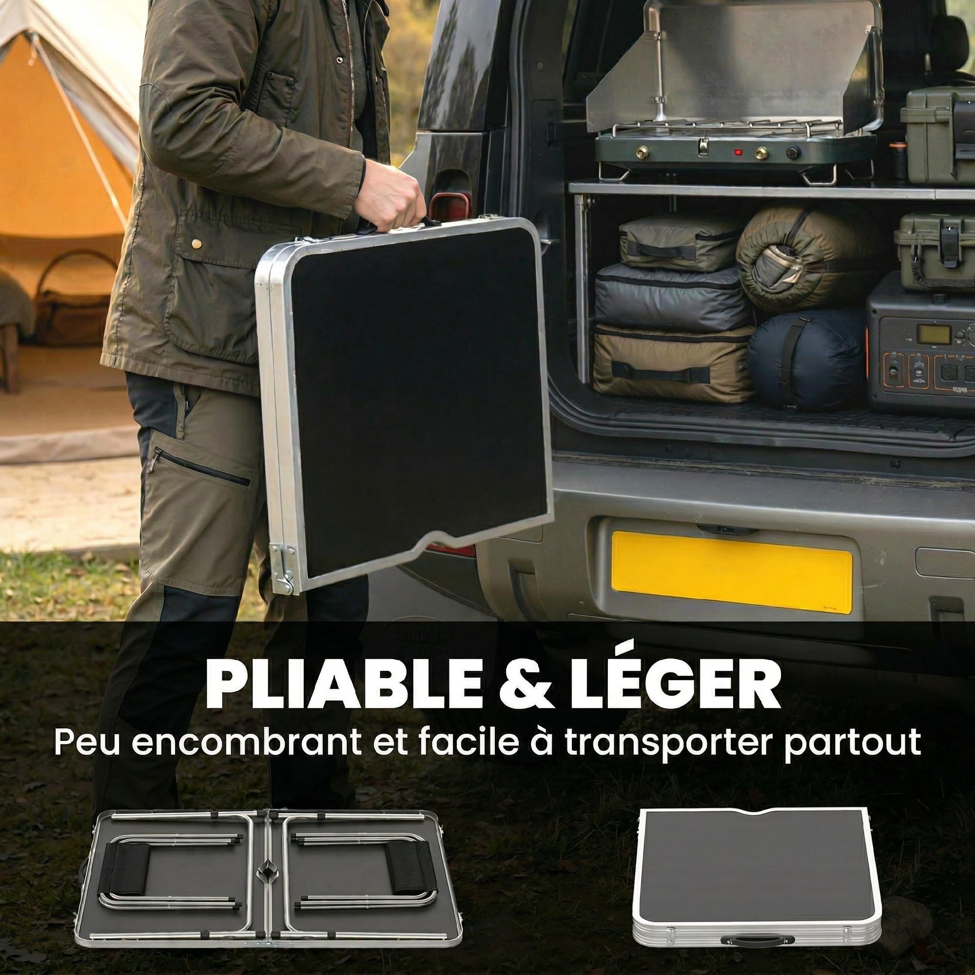 Outsunny Ensemble Table et Chaise de Camping Pliantes 5 pièces, Table à Hauteur Ajustable avec 4 chaises Pliantes, avec Trou de Parasol, Gris foncé