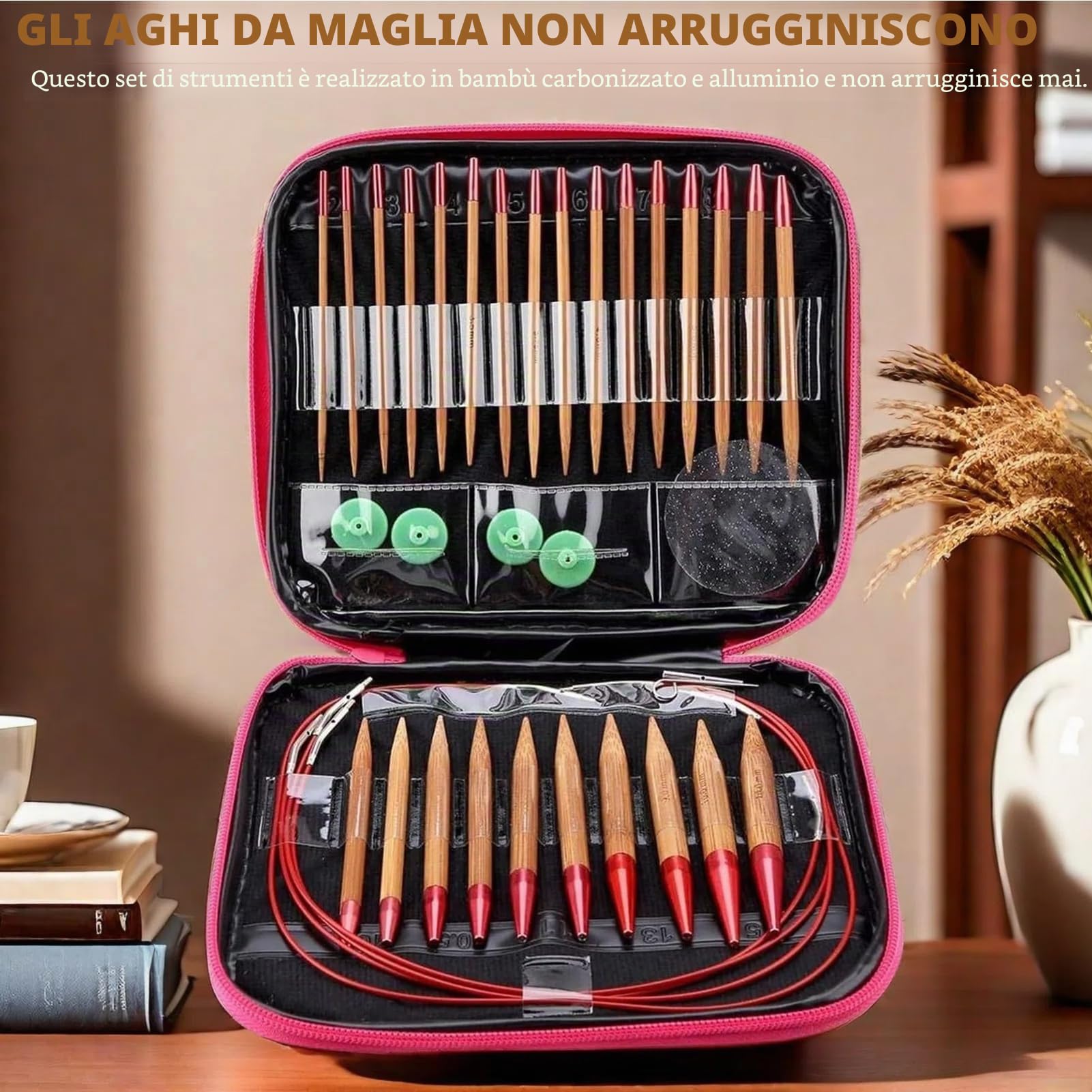 Kit di aghi circolari intercambiabili, 13 pezzi di aghi di bambù carbonizzati Set di anelli per maglieria in alluminio