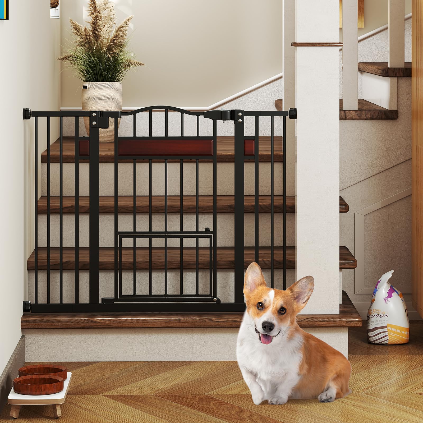 COSTWAY Cancelletto per Cani per Aperture 74-104 cm, Cancello per Cani con Porta Piccola, 2 Estensioni e Doppio Blocco, Cancelletto in Metallo da Interno per Cucina, Scale e Soggiorno (Nero)