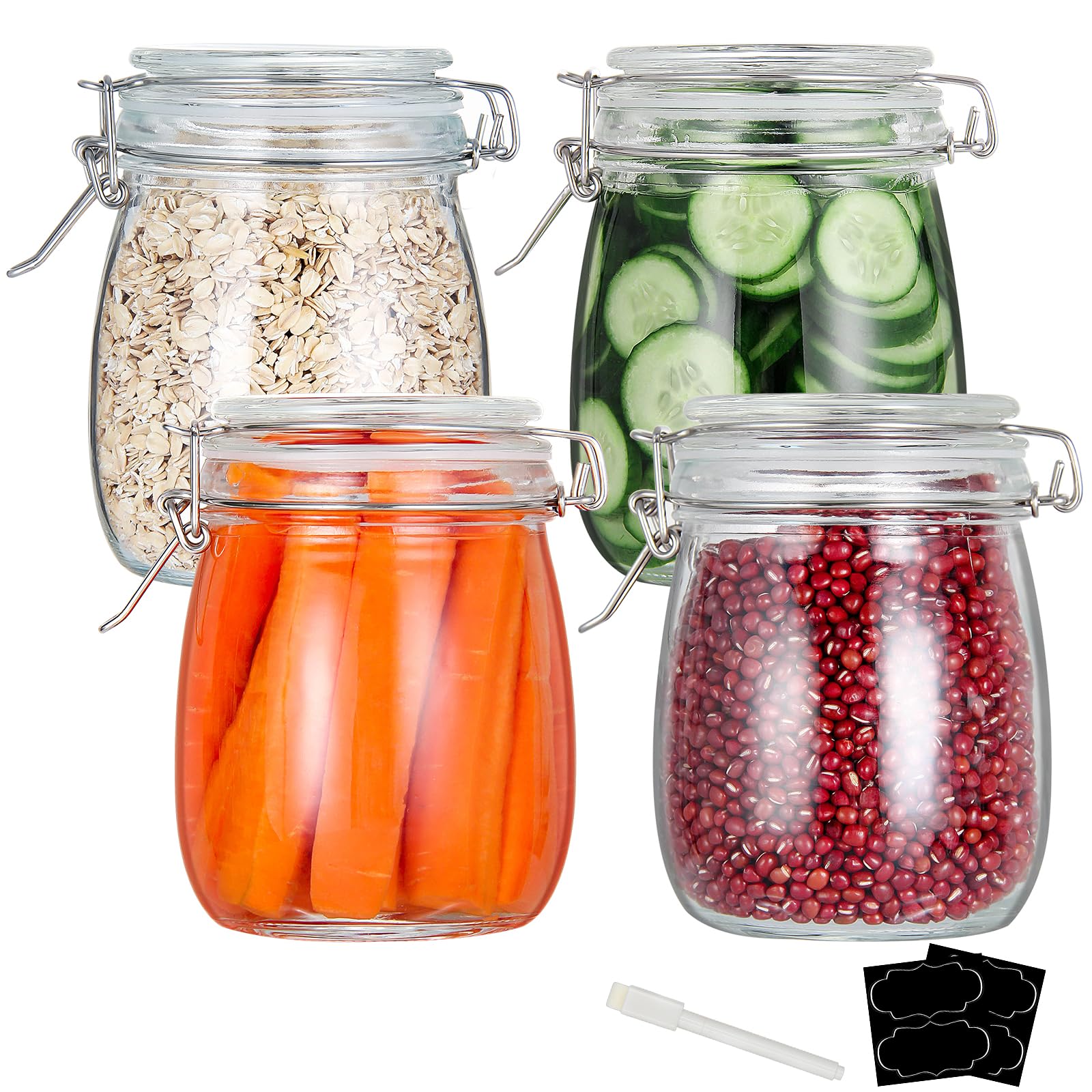 YEBODA 24oz Food Storage Canister Glass Jars with Clamp Airtight Lids and Silicone Gaskets for Multi-Purpose Kitchen Containers - Clear Round (4 Pack)