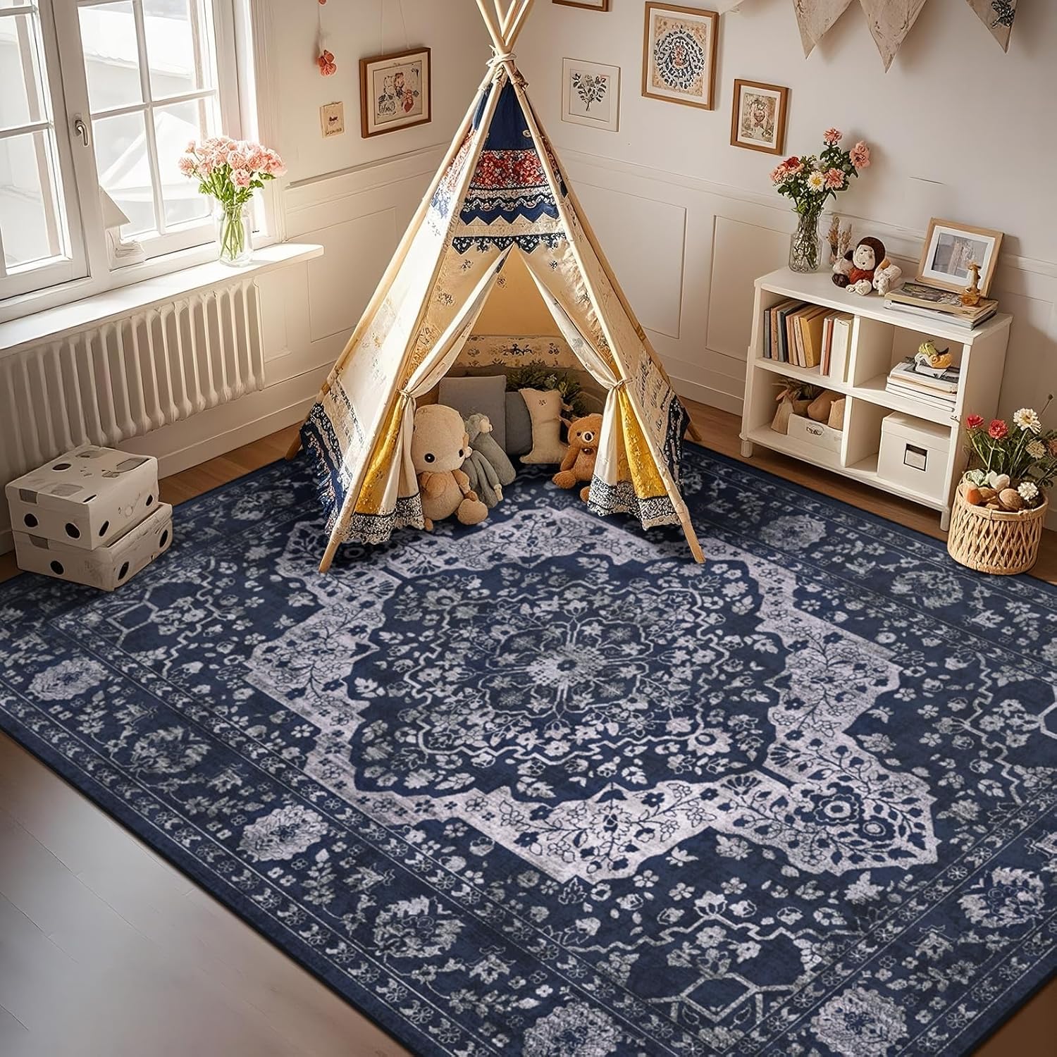 nesrt Washable 6×9 Area Rugs for Living Room, Soft Faux Wool Boho Large Bedroom Rugs Non Slip, Low Pile Vintage Printed Area Carpet for Dining Room Nursery Office Retro Indoor Decor (Navy Blue)