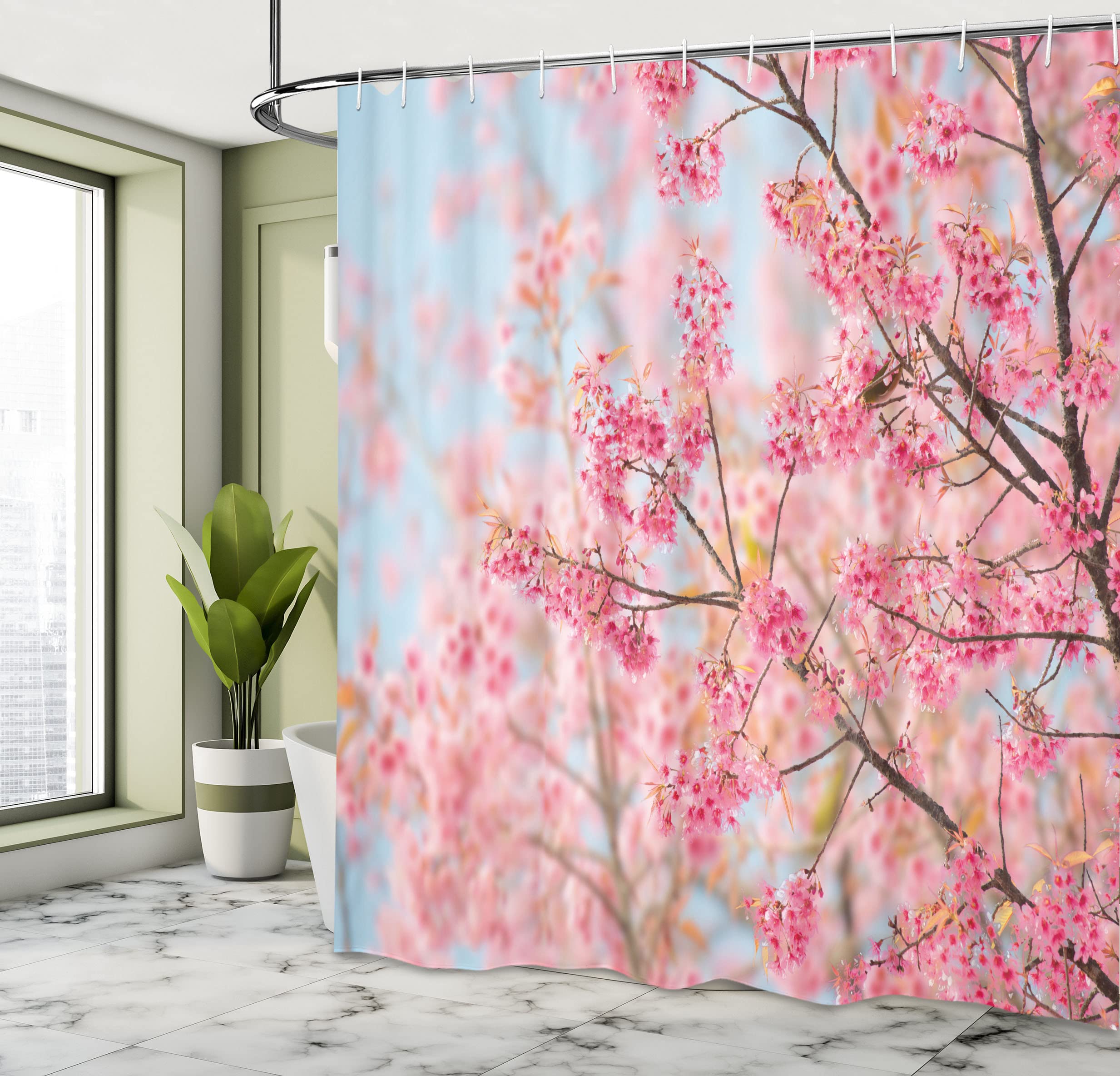 ABAKUHAUS Floral Shower Curtain, Japanese Sakura Cherry Blossom Branches Full of Spring Beauty Picture - Image 4