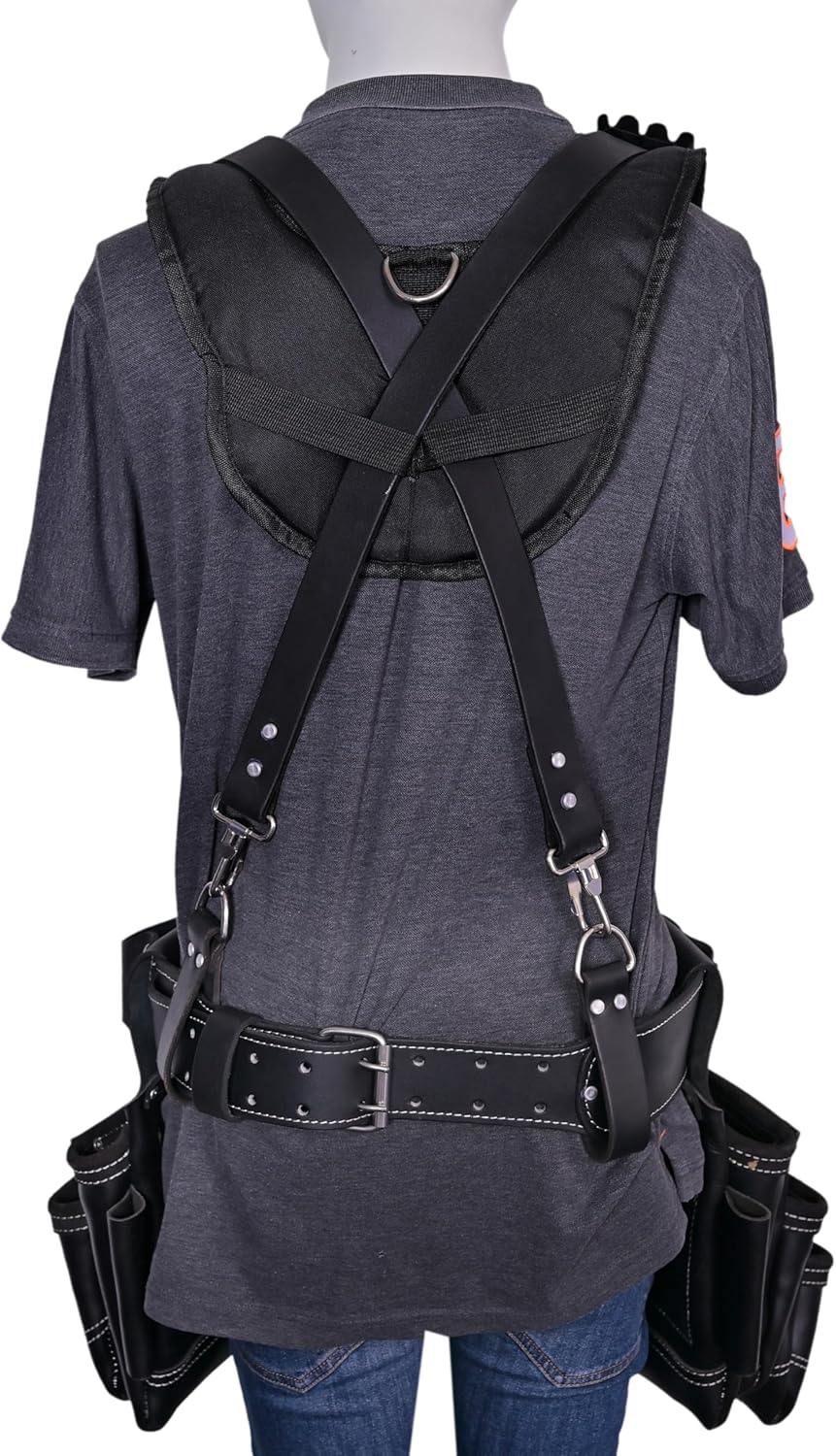 Leather Tool Belt with Suspender Detachable D-Loop Adjustable Padded Suspender Full Grain Leather Work Belt for Construction, Carpenters, Electricians, Farming Oil Tanned