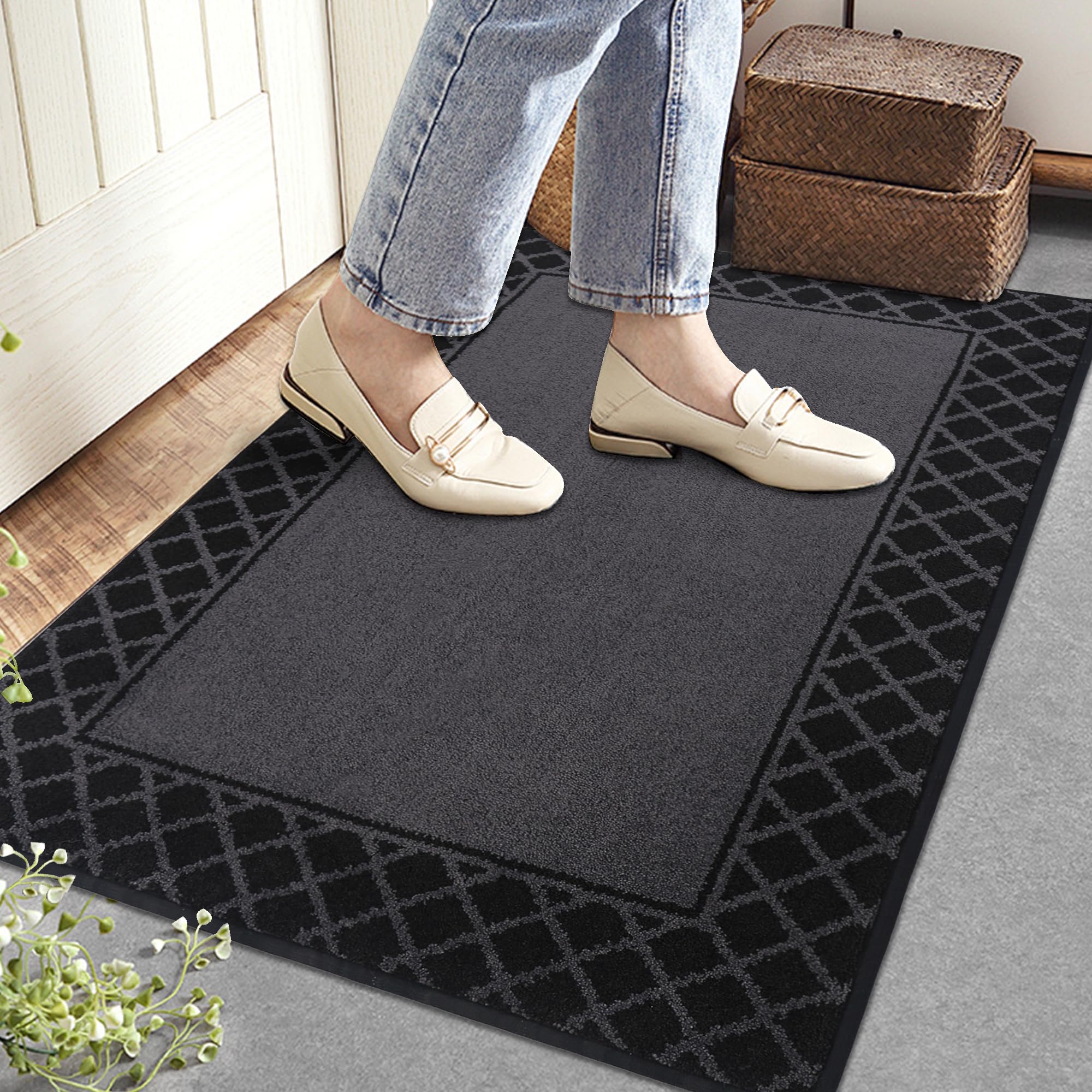 BEQHAUSE Door Mat Dirt Trapper Non Slip Entryway Rugs Absorbent Welcome Mat Low Profile Washable Front Door Mat for Muddy Paws,Entrance,Hallway, 32" x 48",Black