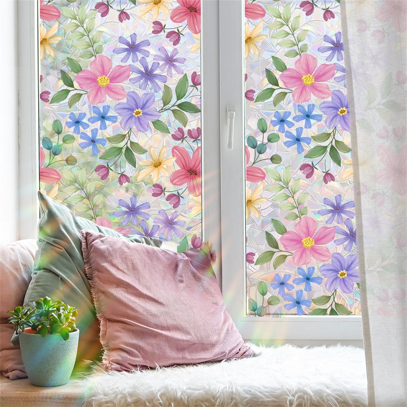 Fasbuy 2pcs Frosted Window Film, Static Cling Privacy Film for Glass Windows, No Glue Decorative Glass Stickers Covering for Home Bathroom Shower Kitchen, UV Blocking (Colorful Plants 4,45x100cm)