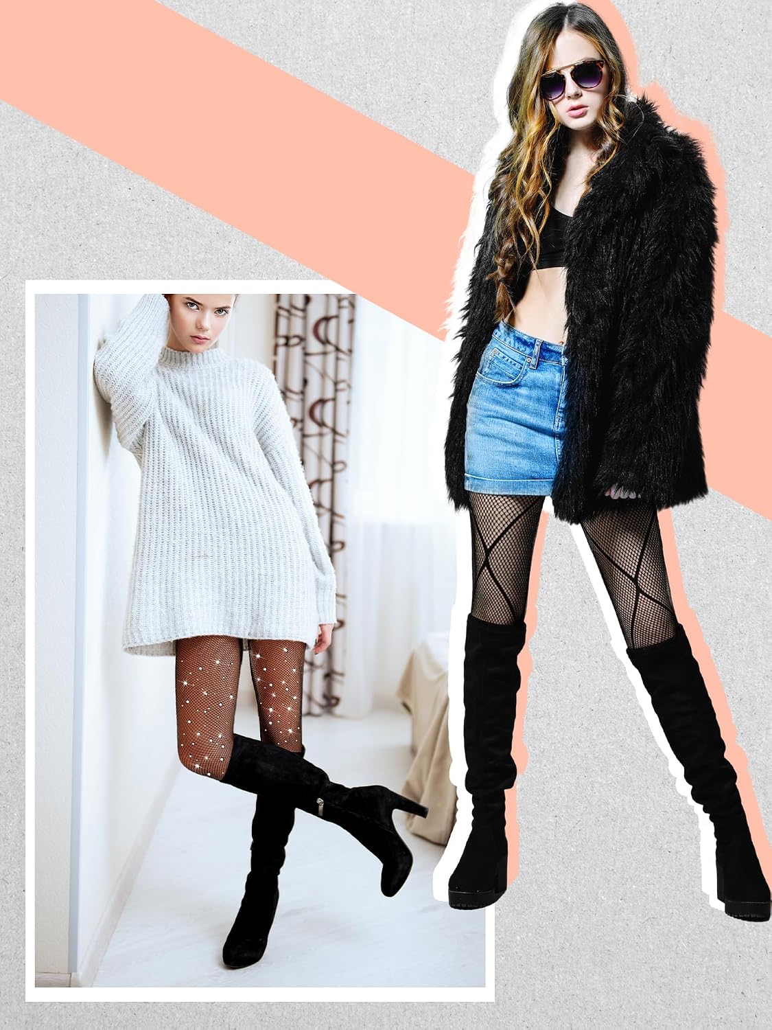 Ramede 6 Pairs Rhinestone Fishnet Stockings for Women Thigh High Waist Sparkly Tights Mesh Glitter Pantyhose for Halloween