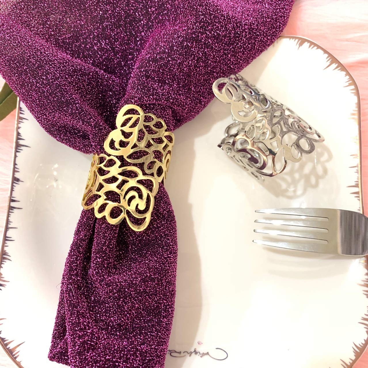 12 Uds. De servilleteros de Boda con patrón Trasero, decoración de Mesa, reuniones Familiares Huecas, Uso Diario, servilletero, Hebilla (Plata)