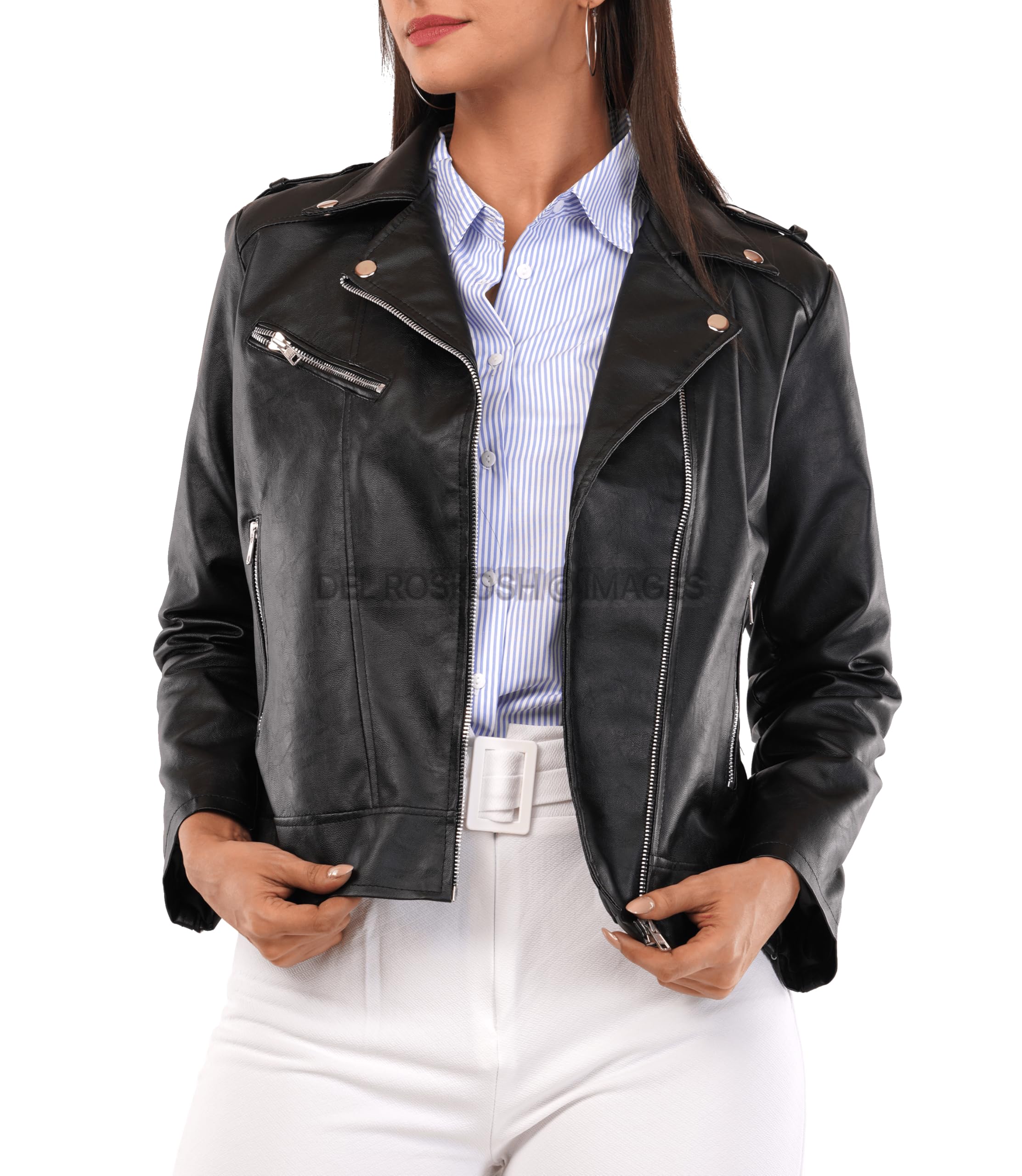 Buy Women/Girls Faux Leather Biker Jacket with Lapel Collar (L