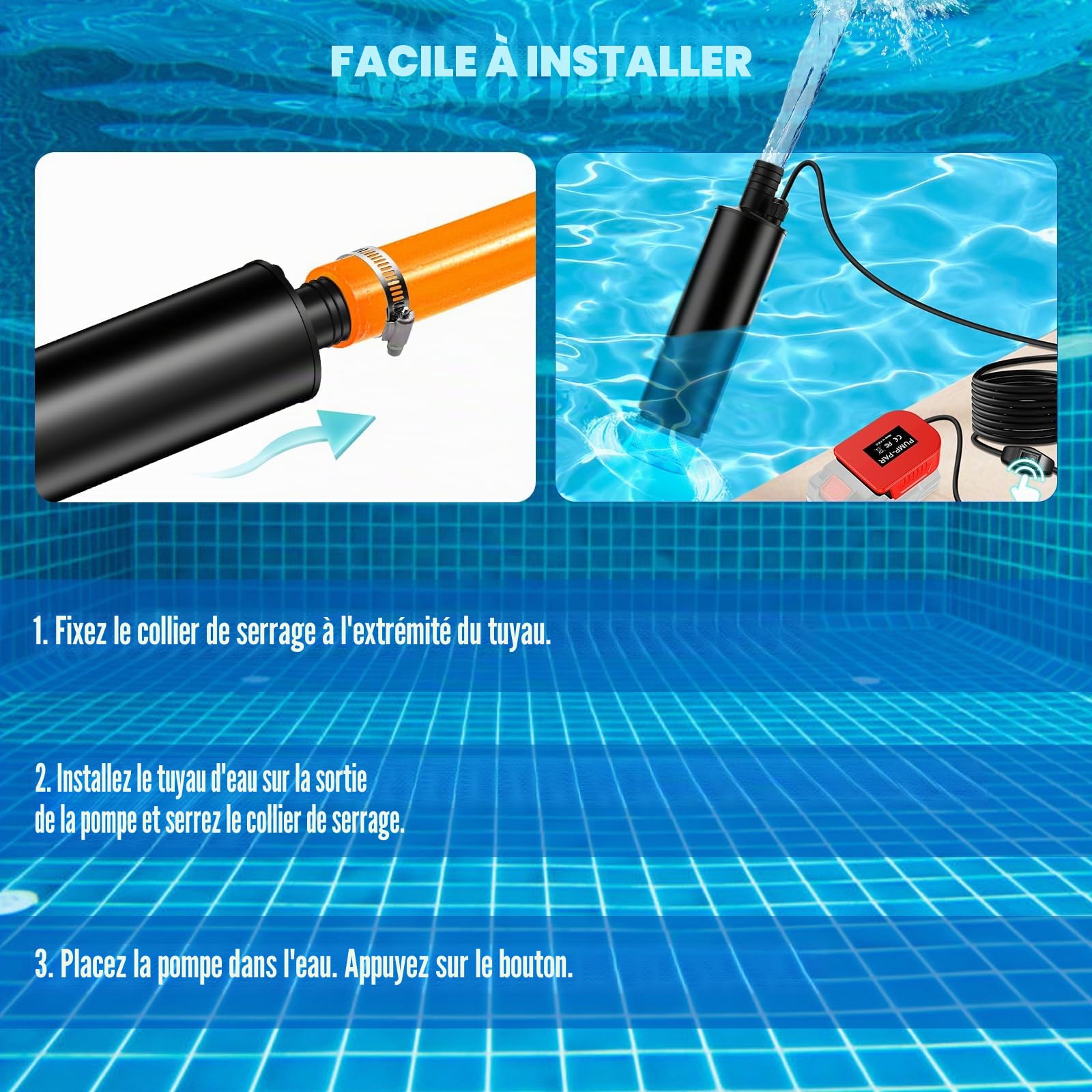 Pompe à eau portable, pompe de puisard compatible avec batterie Parkside 20 V, vitesse de rotation à vide du moteur 4500 tr/min, débit 30 l/min, pompe à eau 120 W avec hauteur de refoulement 4,6 m (15