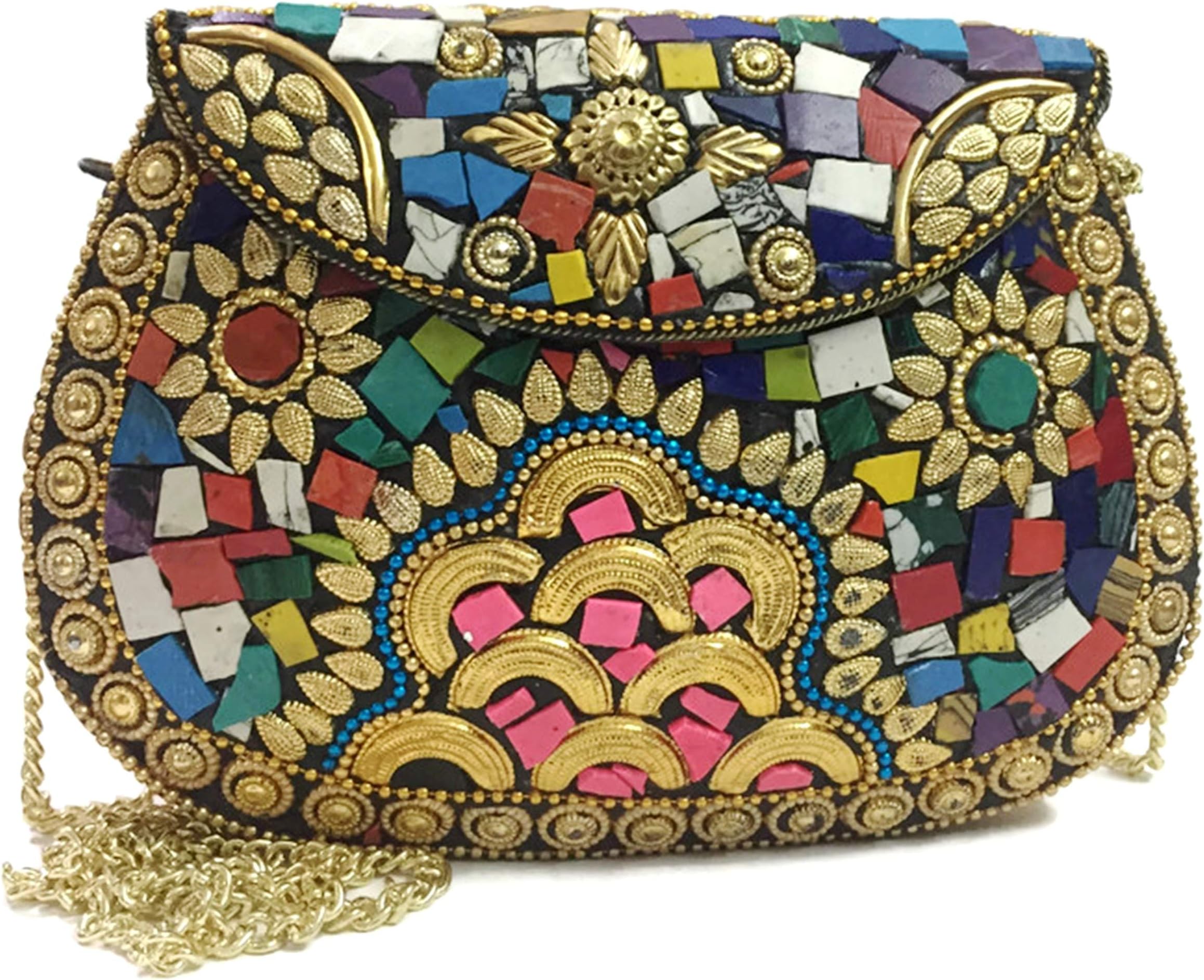 Trend Overseas multi-color WOMEN girl party bag Golden metal clutch bag metal mosaic clutch Wallet purse Wedding Box