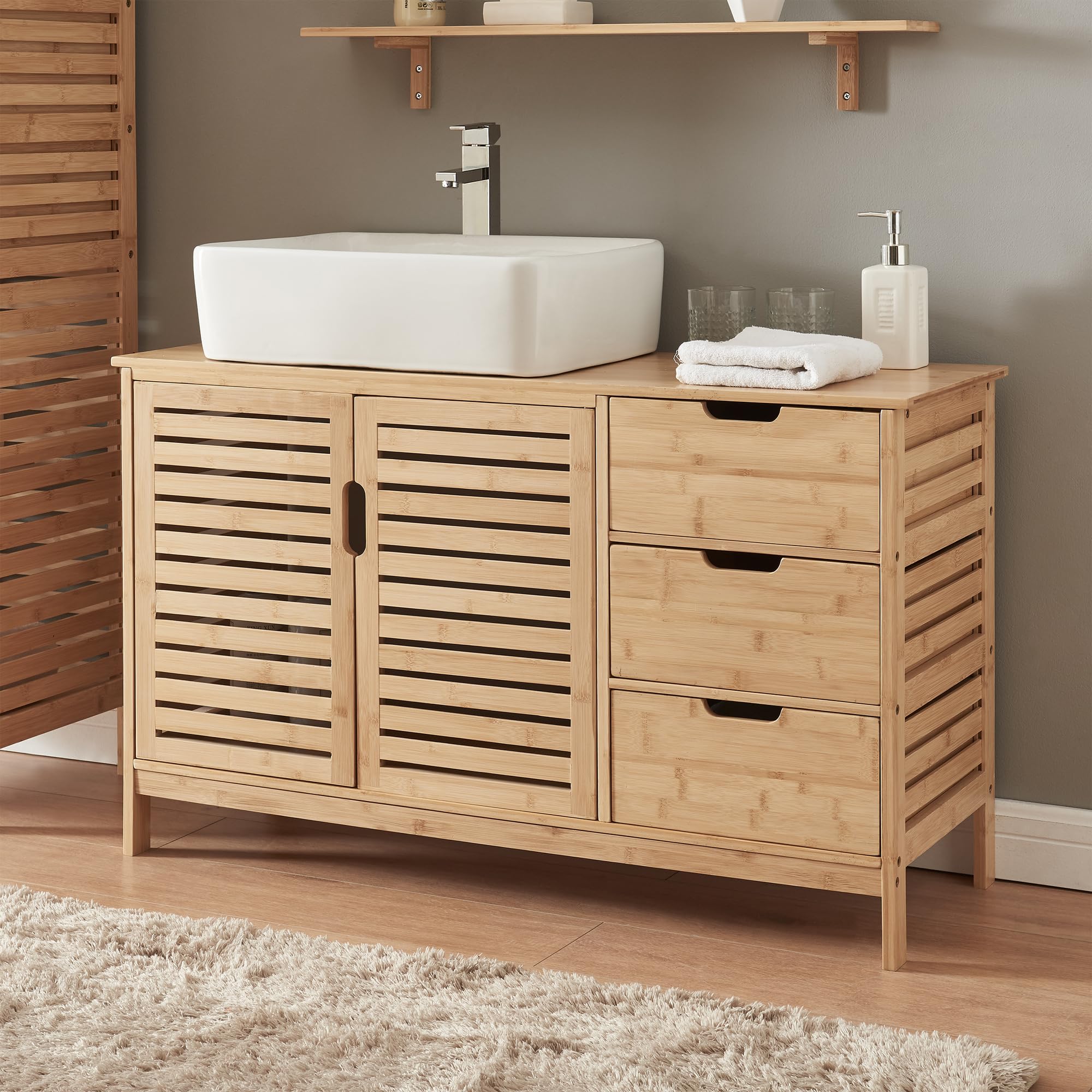 en.casa] Waschbeckenunterschrank Boksereys Badezimmerschrank 60 x 100 x 35  cm mit 2 Tren und 3 Schubladen Badschrank Waschtischunterschrank Bambus  Natur : Amazon.de: Kche, Haushalt & Wohnen