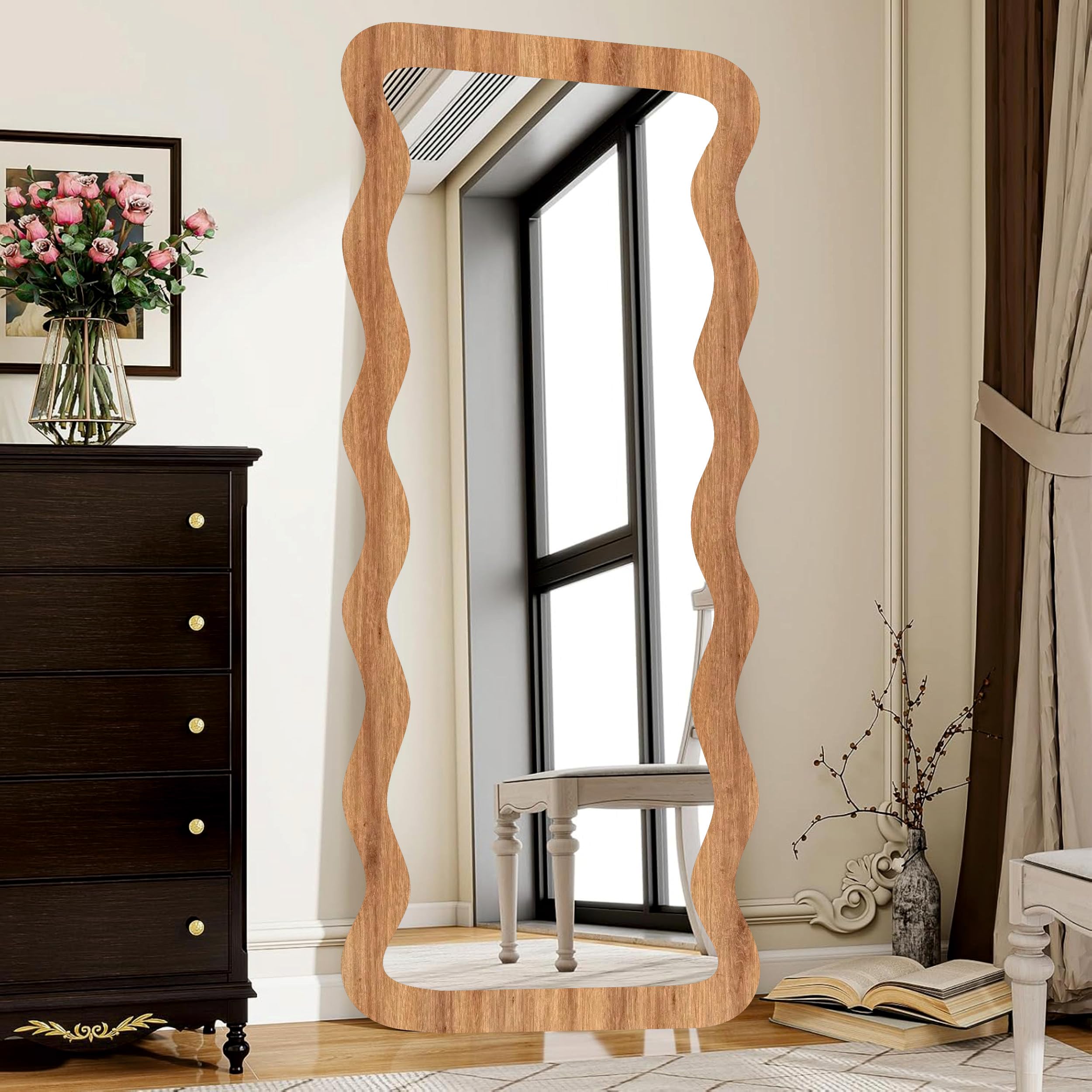 Creative Arts n Frames 22 x 52 inch Full Length Dressing Chevel Long MDF Wood Zigzag Curvy Irregular Shape Framed HD Mirror Home Decor Items (Natural Iqurel Oak Light Zigzag2 Full Length Mirror)-image-9