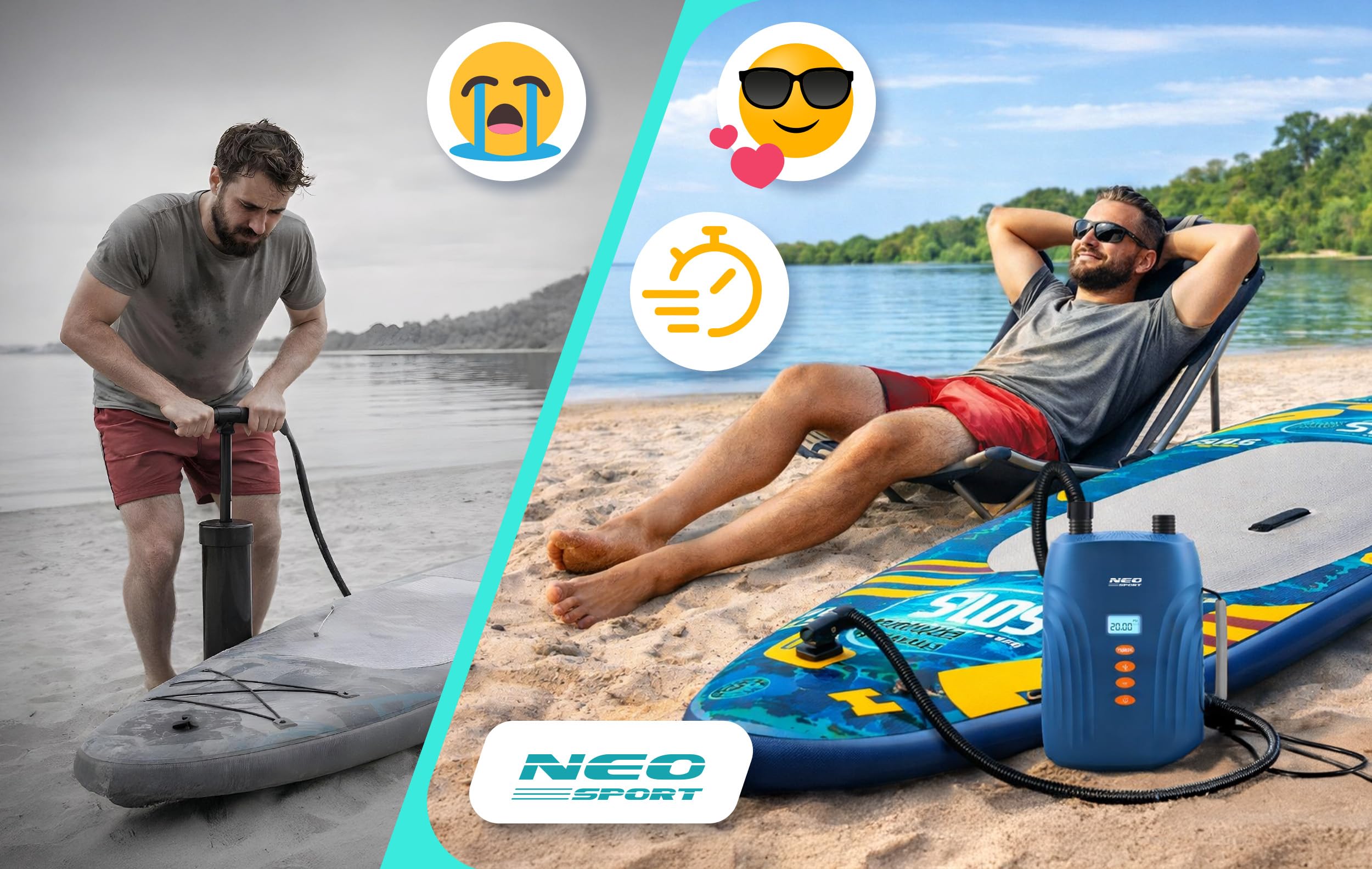 Neo-Sport Pompka Elektryczna do SUP i Materaca Turystycznego 12 V - 20 PSI Double Motor 6 Końcówek - Szybkie Pompowanie i Wypompowywanie Desek SUP Pontonów i Kajaków