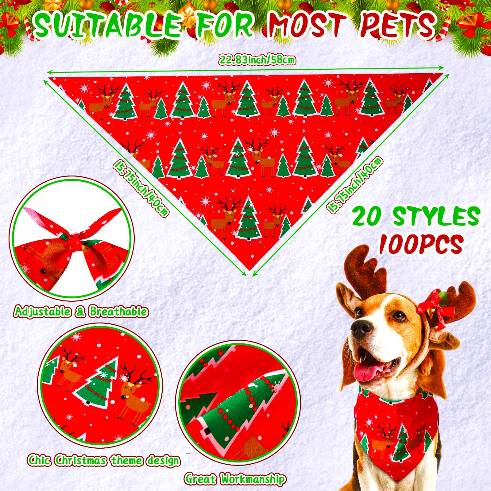 Bandane di Natale per cani alla rinfusa, bandane regolabili con Babbo Natale, pupazzo di pan di zenzero, cervo, sciarpa triangolare, costume da festa per animali