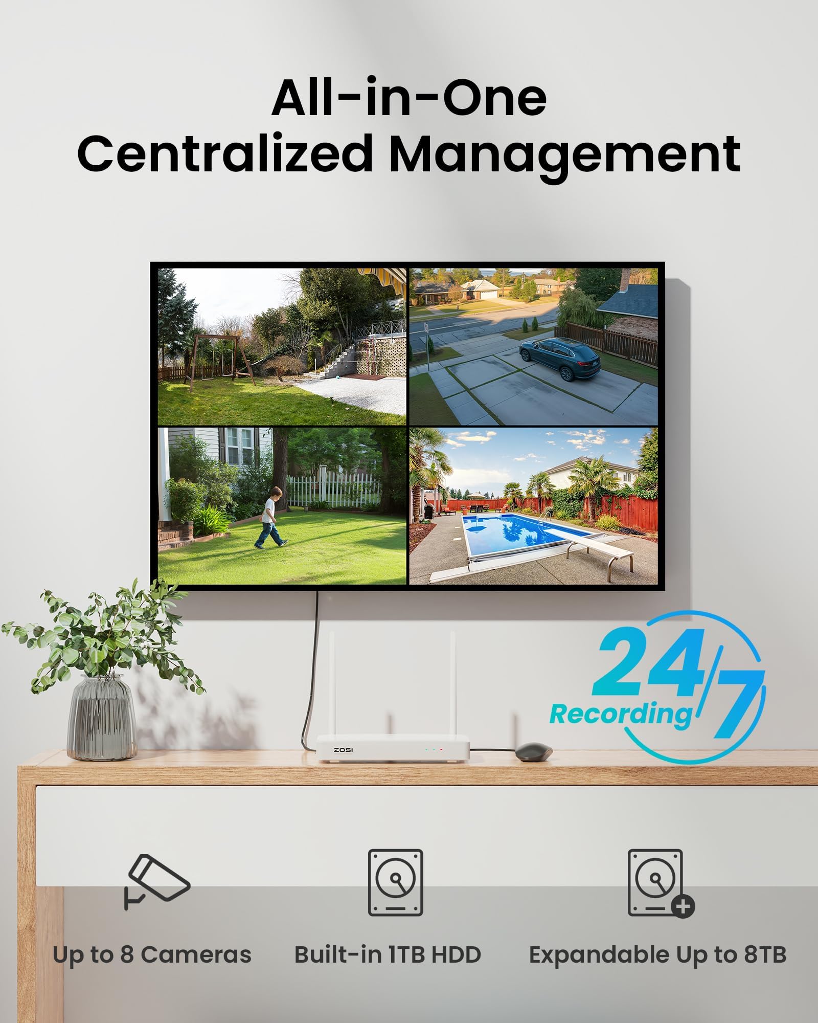 ZOSI 5MP Kit Caméra Surveillance Extérieure WiFi6 PTZ 360° NVR 8CH 1To