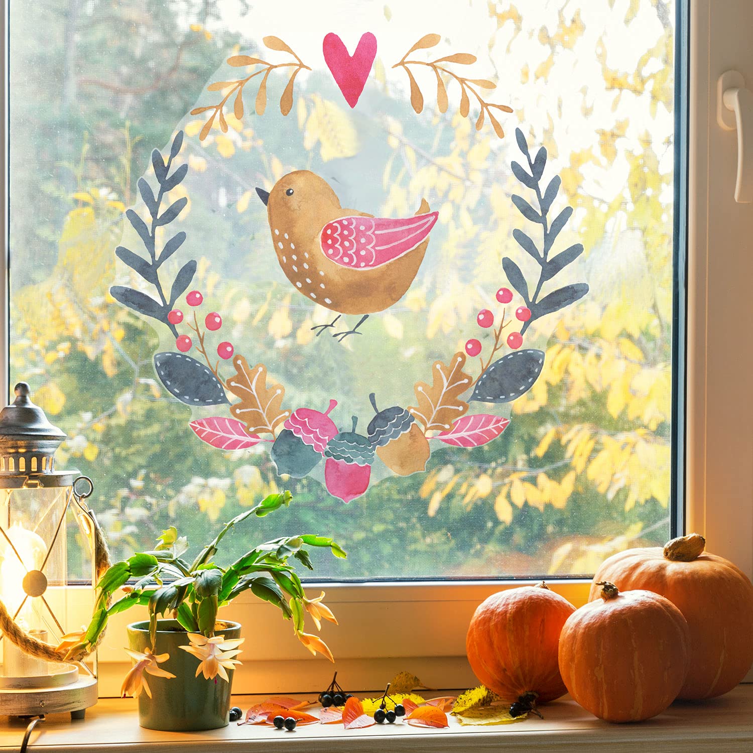 Multicoloured Woodland Wreath Window Sticker (Option 3) | Autumn Window Stickers | Perfect for Decorating Your Home This Autumn | Easy to Apply | Repositionable and Reusable