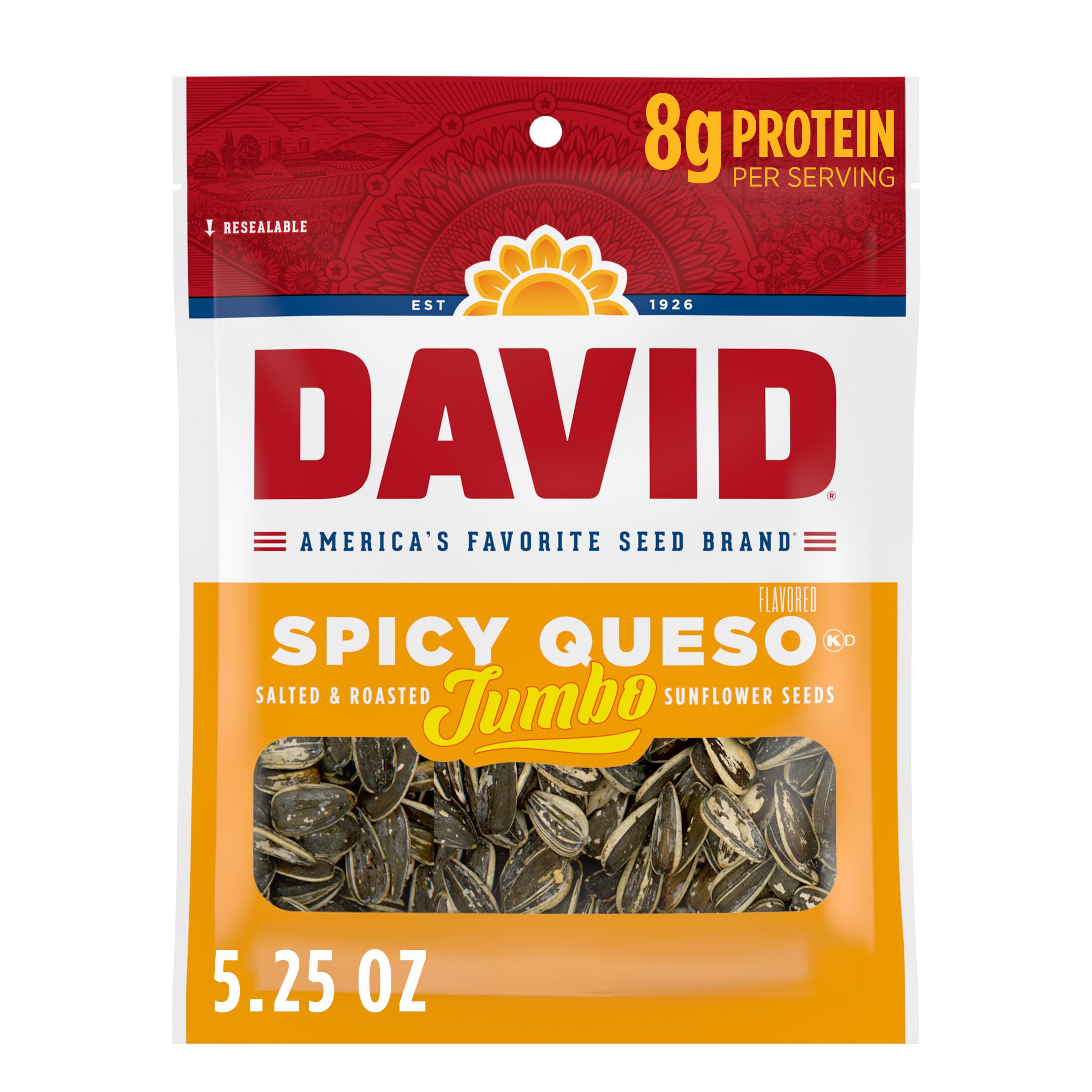 DAVID Roasted and Salted Spicy Queso Jumbo Sunflower Seeds, Keto Friendly, 5.25 oz, 12 Pack