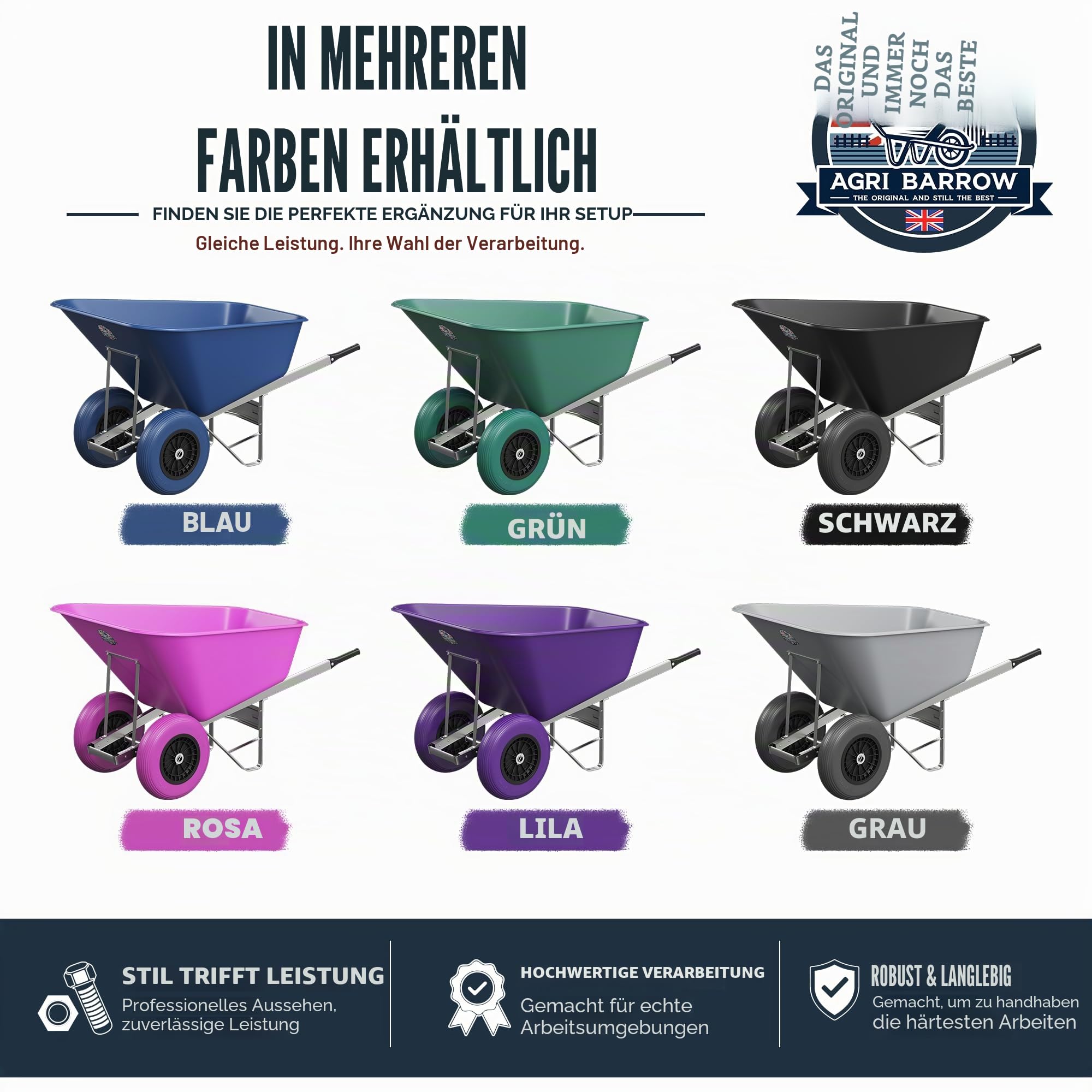 Schubkarre Twin 200 Liter Kunststoffwanne pannensichere Reifen (Rosa)